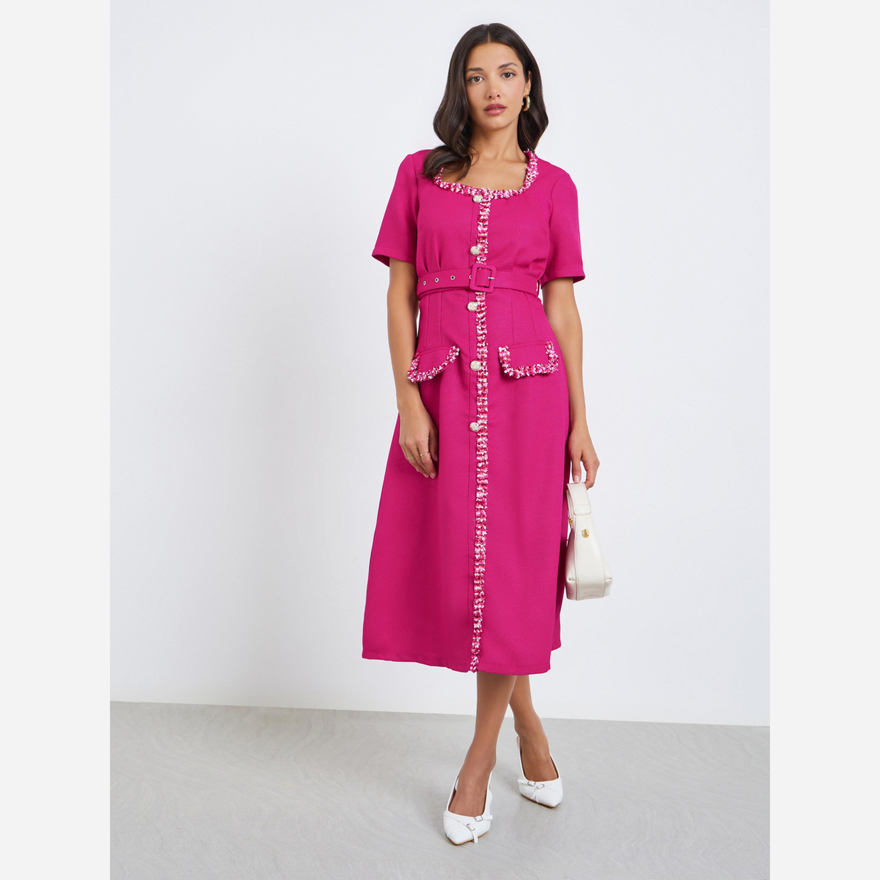 ستايلي - فستان سهرة متوسط الطول تصميم تويد نسائي مع حزام-women-clothing-dresses-image-1