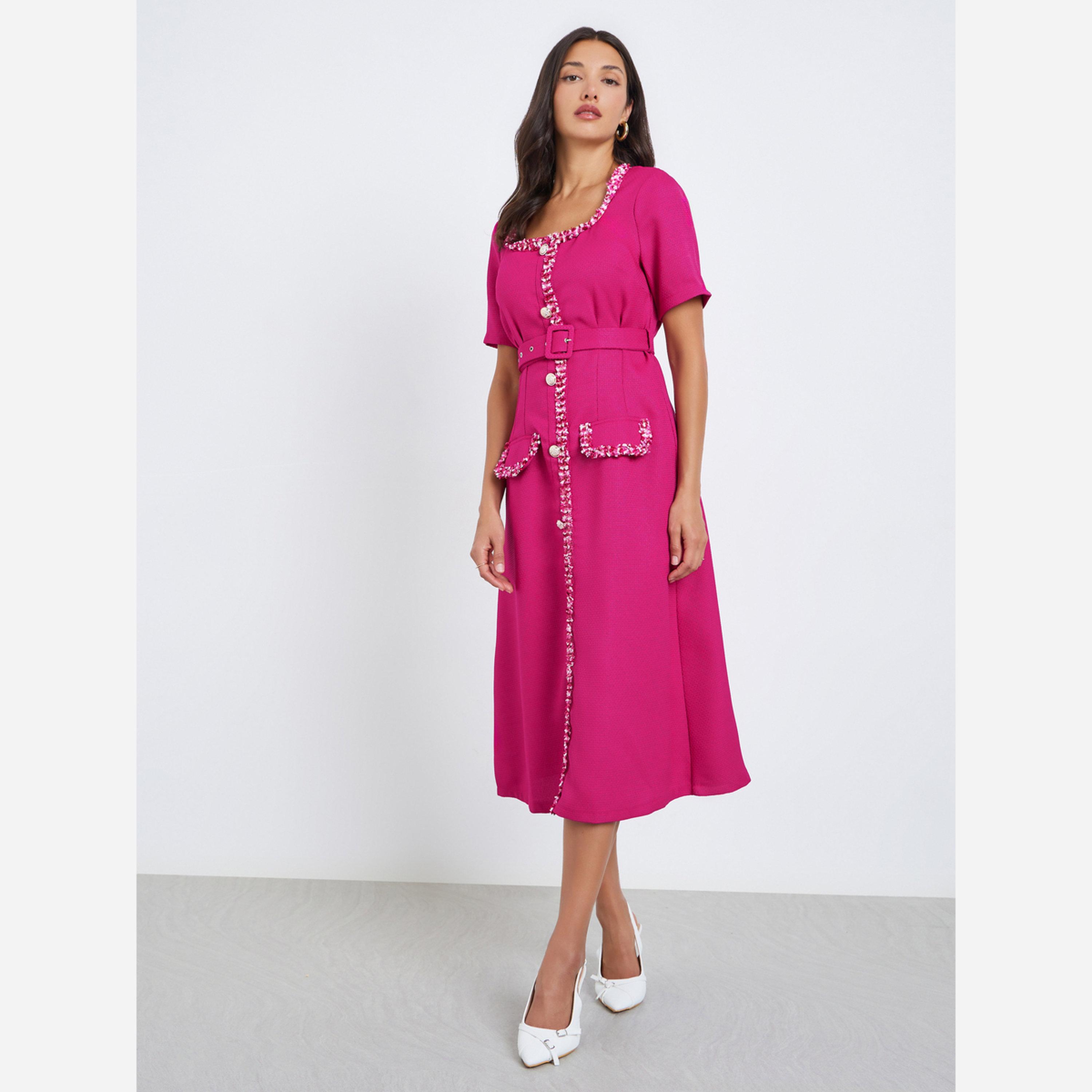 Styli Women Tweed Look Midi Evening Dress with Belt-women-clothing-dresses-image-2