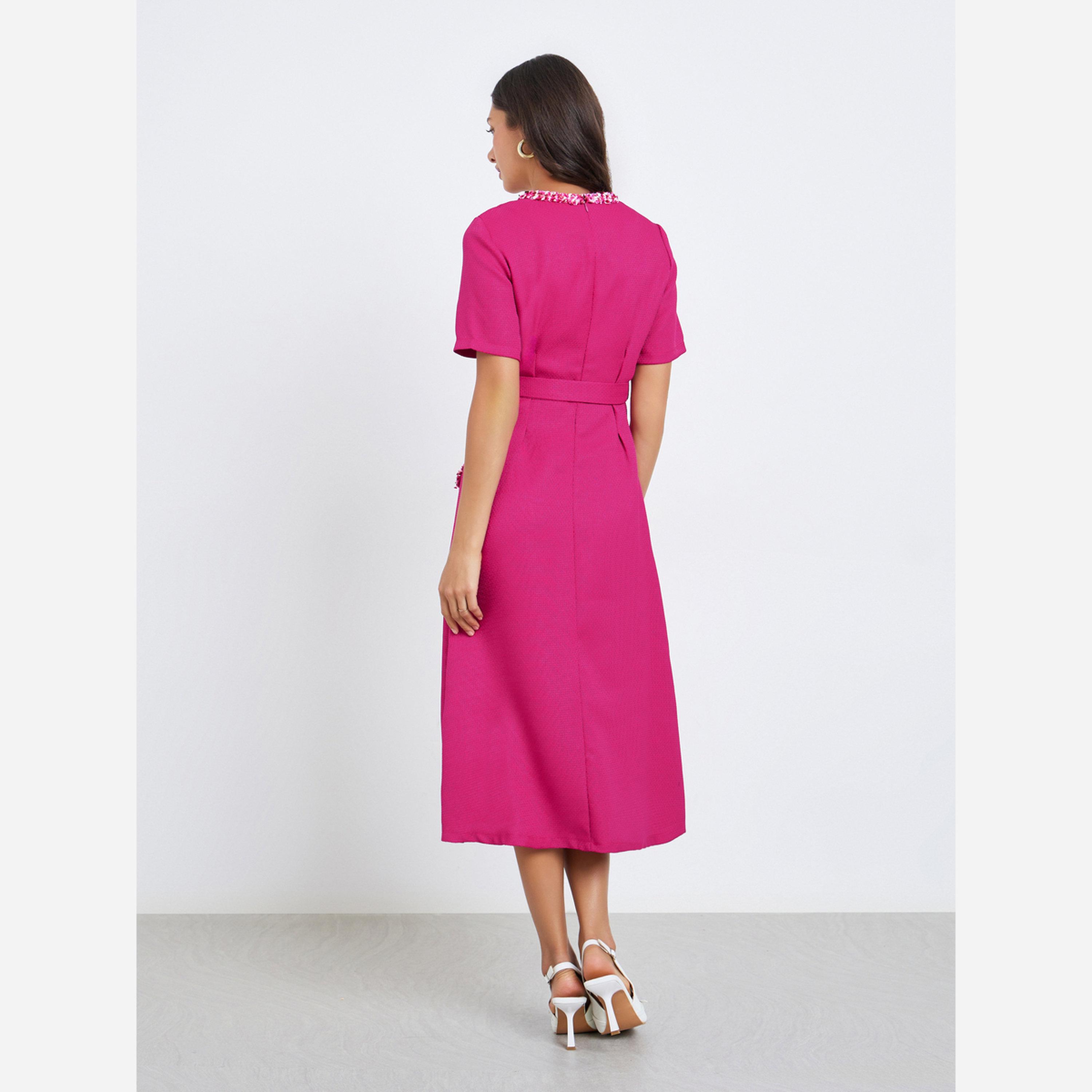 ستايلي - فستان سهرة متوسط الطول تصميم تويد نسائي مع حزام-women-clothing-dresses-image-3