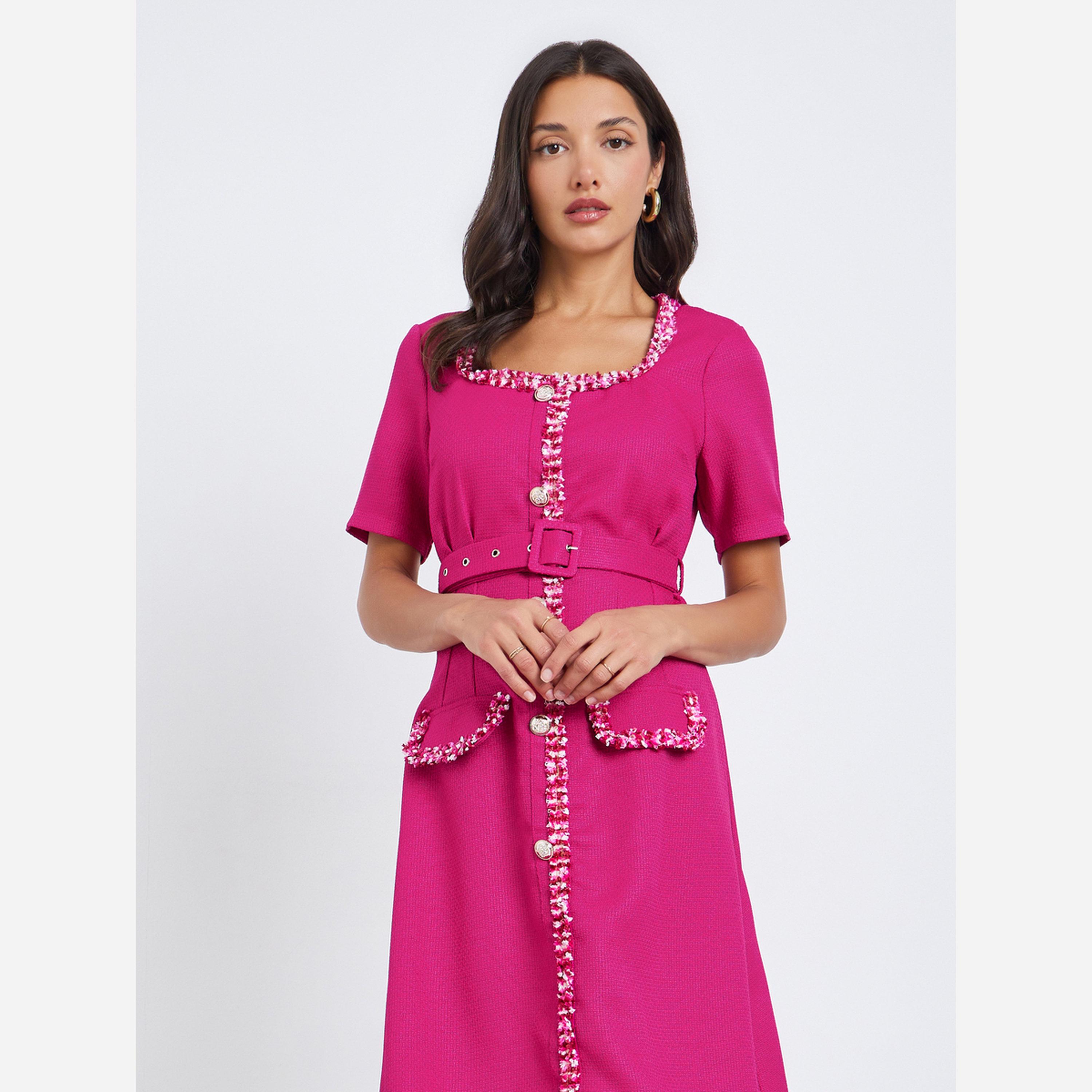 Styli Women Tweed Look Midi Evening Dress with Belt-women-clothing-dresses-image-4