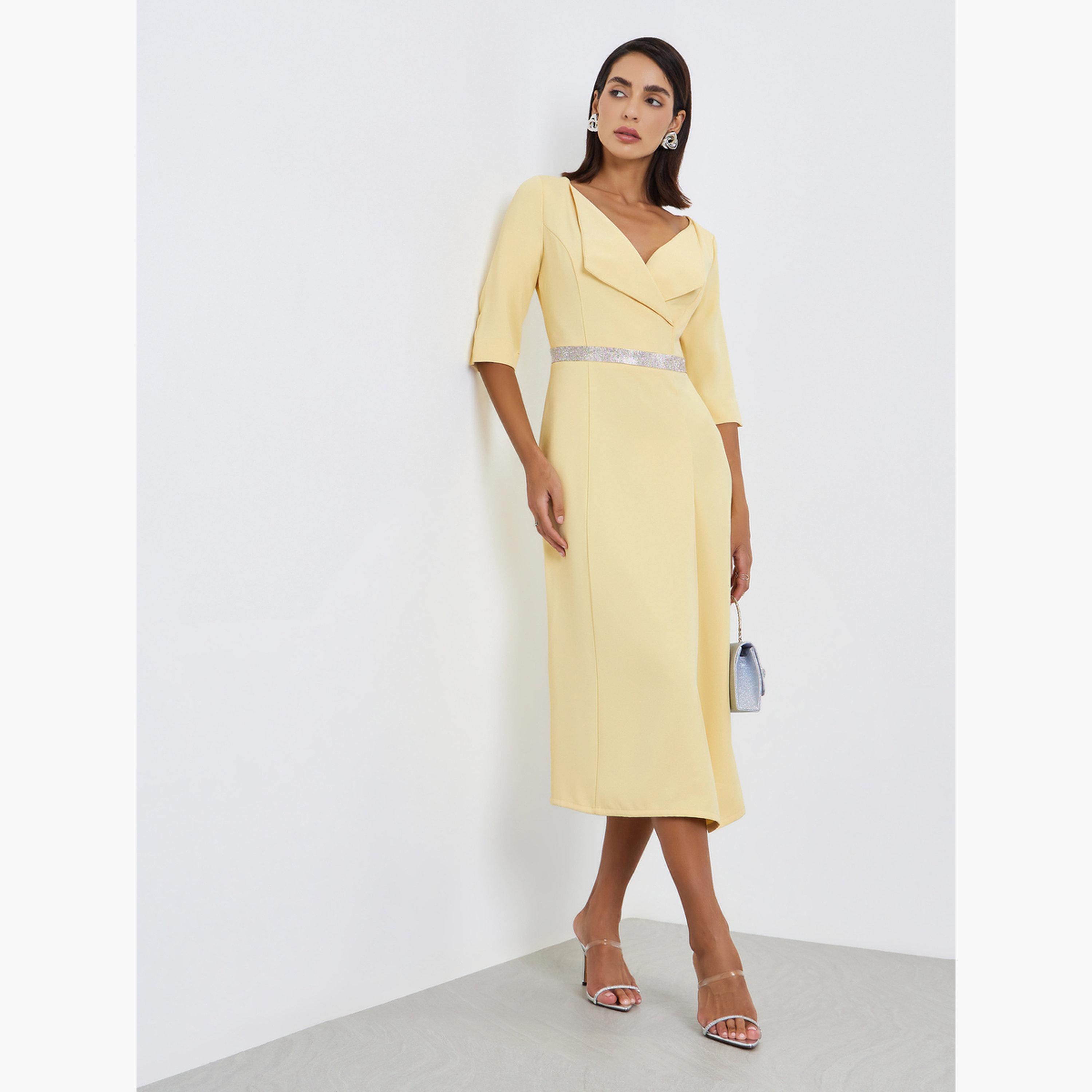 فستان ميدي بقصة مستقيمة بخصر مزين-women-clothing-dresses-image-1
