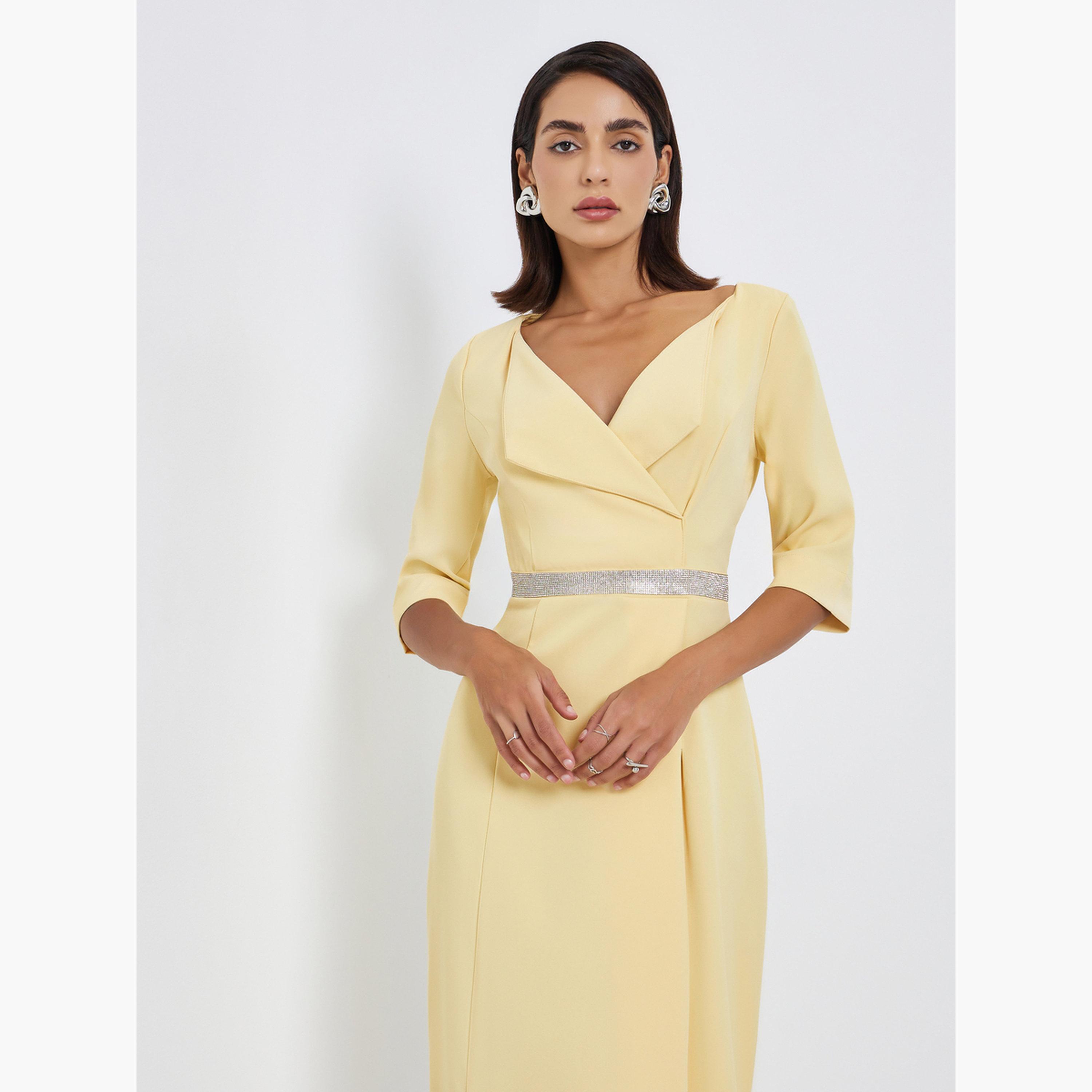 فستان ميدي بقصة مستقيمة بخصر مزين-women-clothing-dresses-image-2