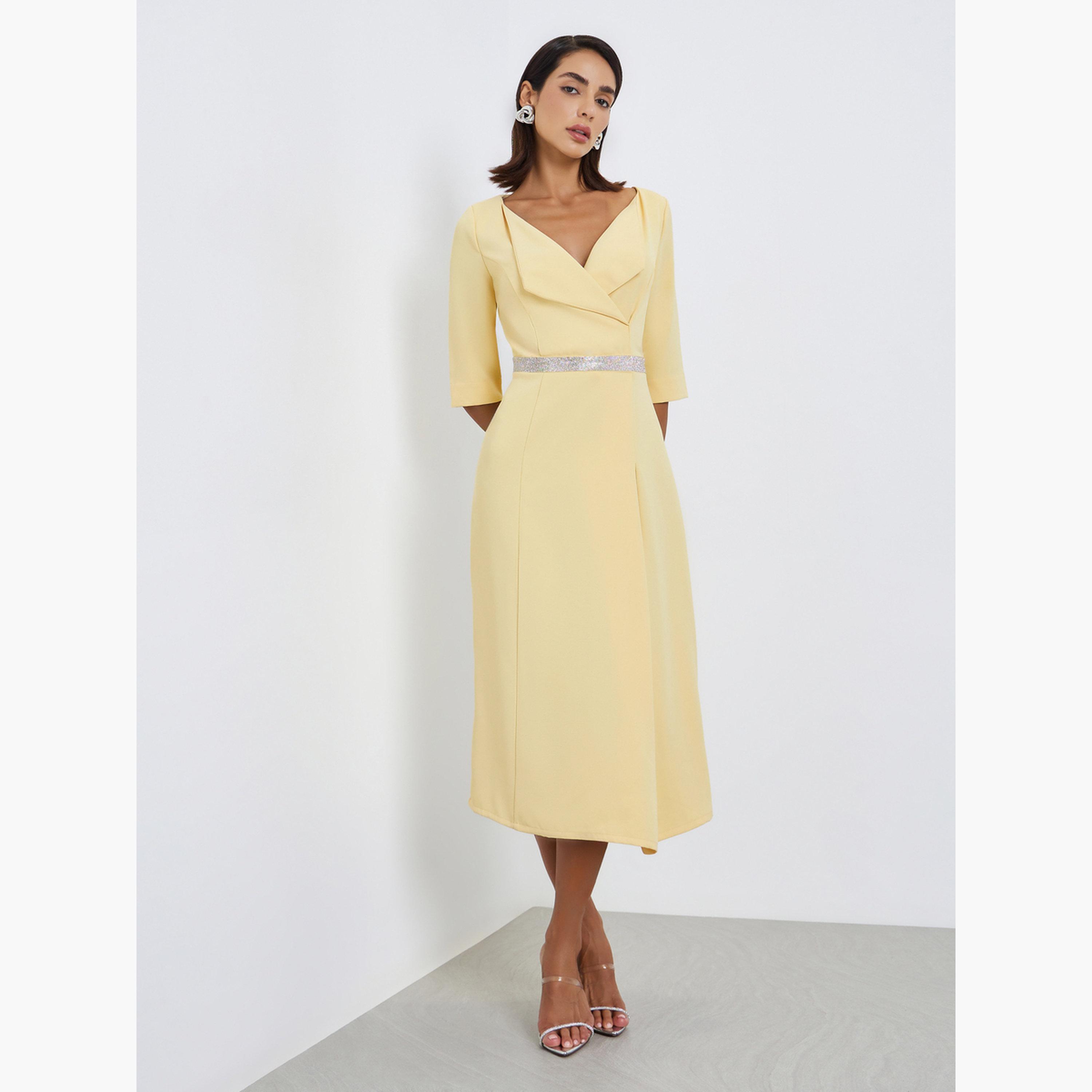 فستان ميدي بقصة مستقيمة بخصر مزين-women-clothing-dresses-image-3
