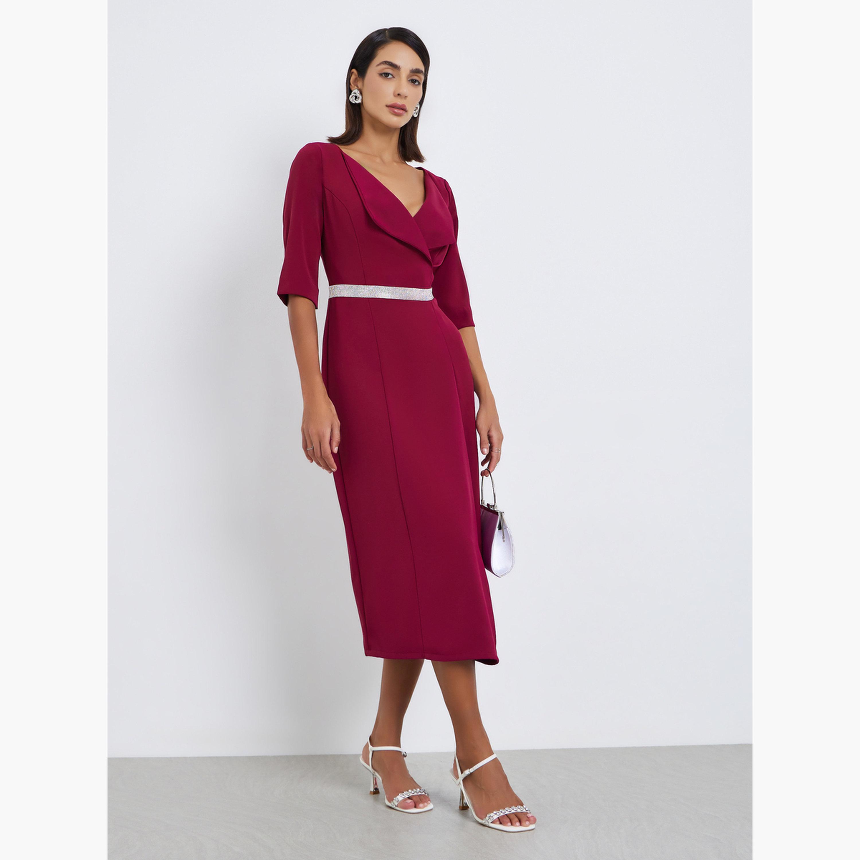 فستان ميدي بقصة مستقيمة بخصر مزين-women-clothing-dresses-image-1