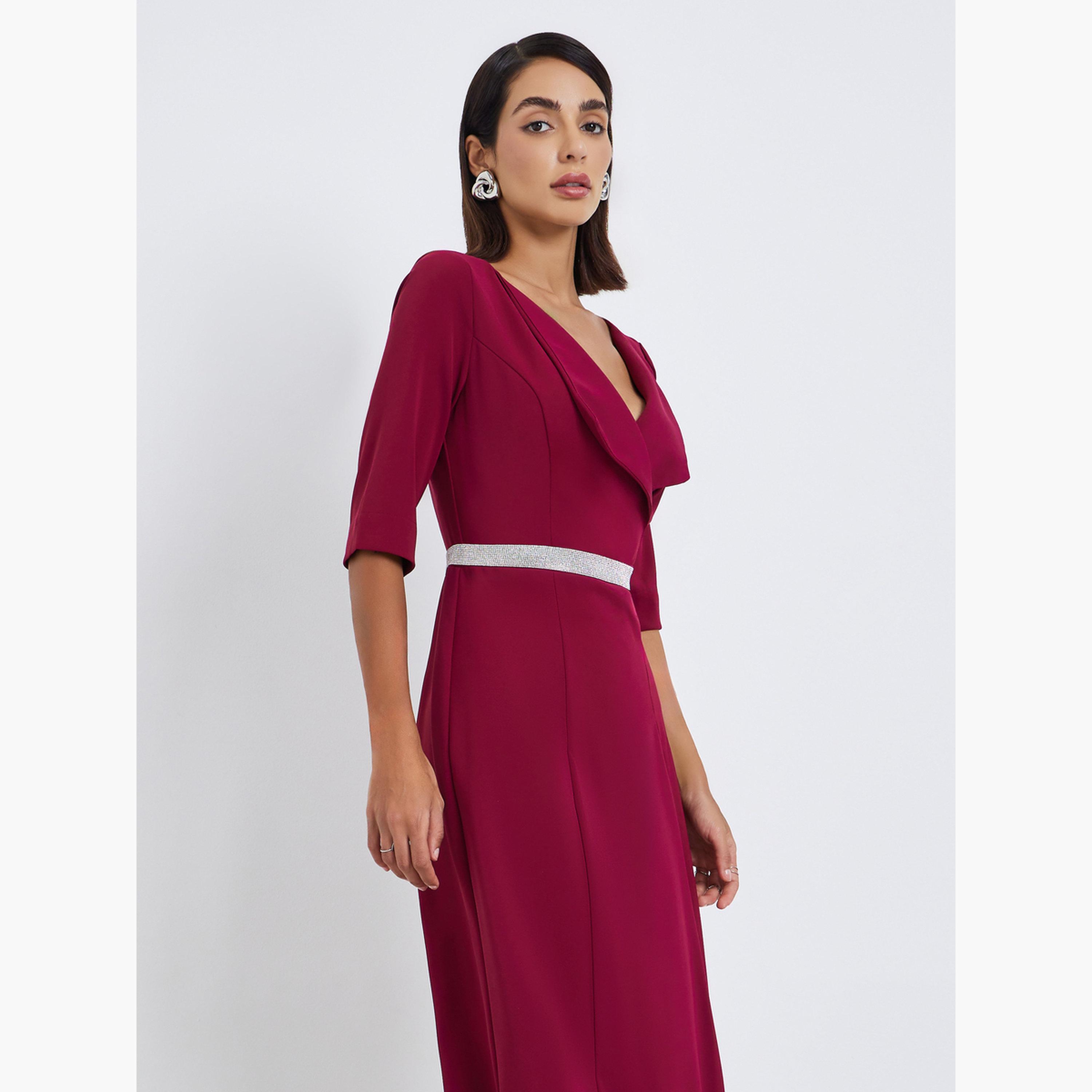 فستان ميدي بقصة مستقيمة بخصر مزين-women-clothing-dresses-image-2