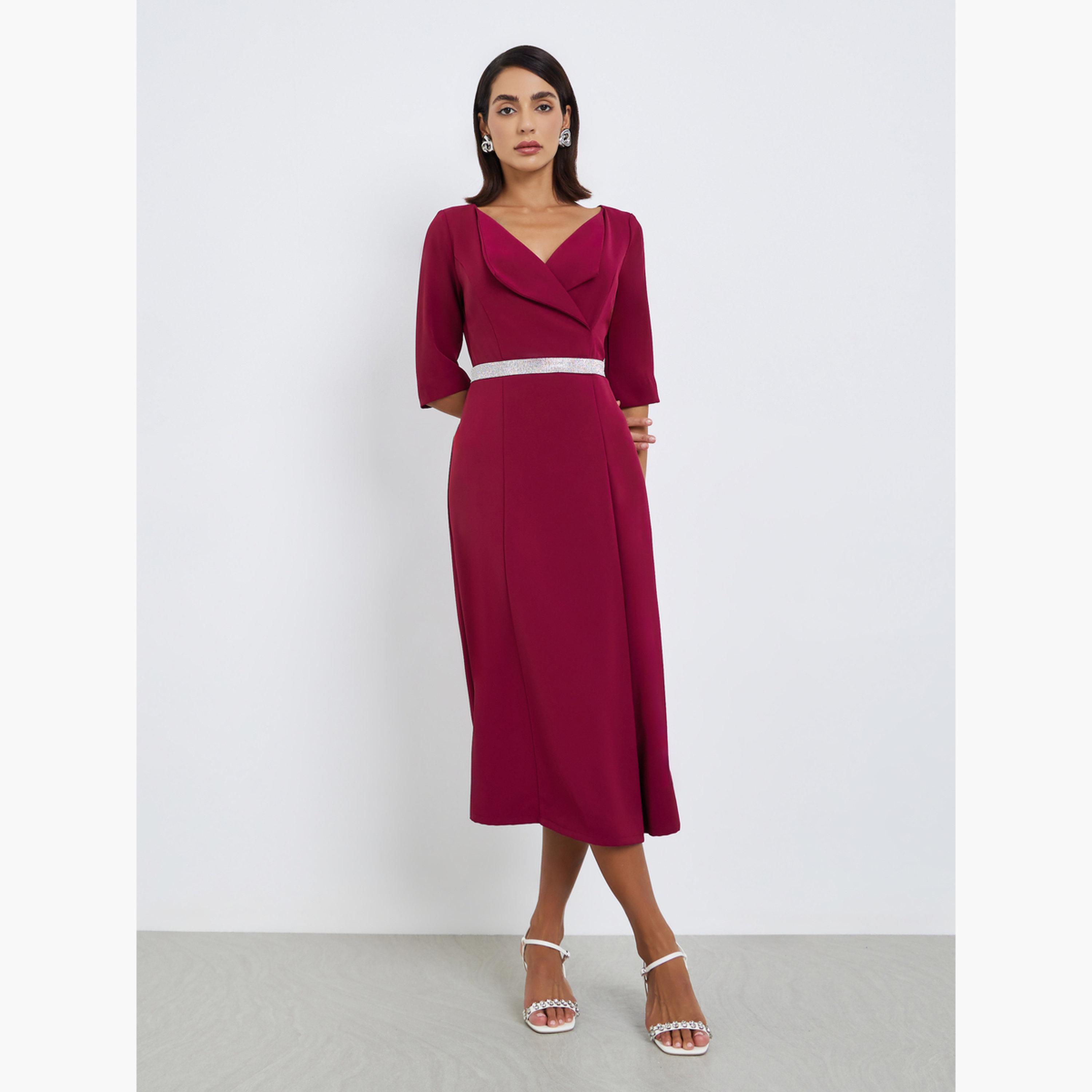 فستان ميدي بقصة مستقيمة بخصر مزين-women-clothing-dresses-image-3