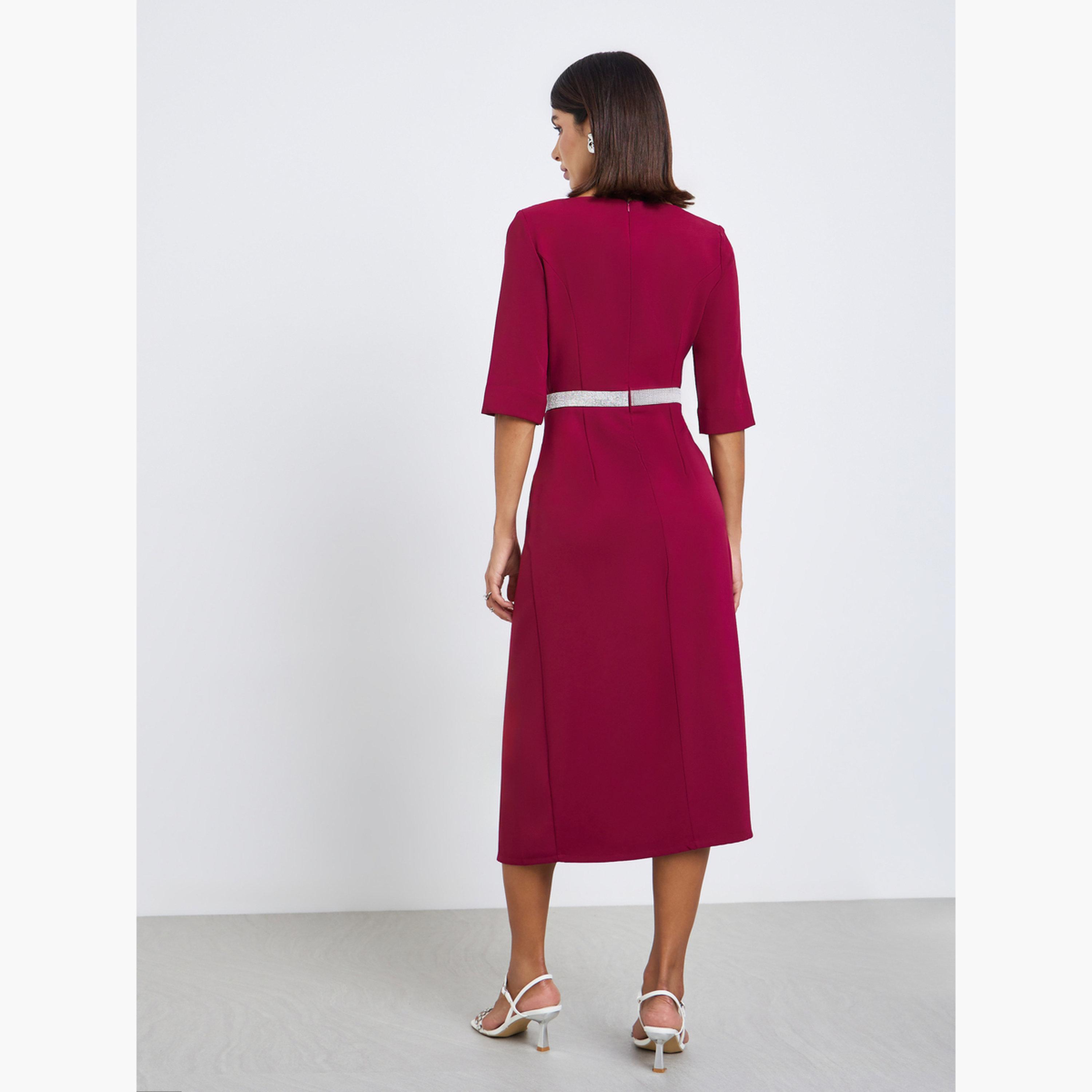 فستان ميدي بقصة مستقيمة بخصر مزين-women-clothing-dresses-image-4