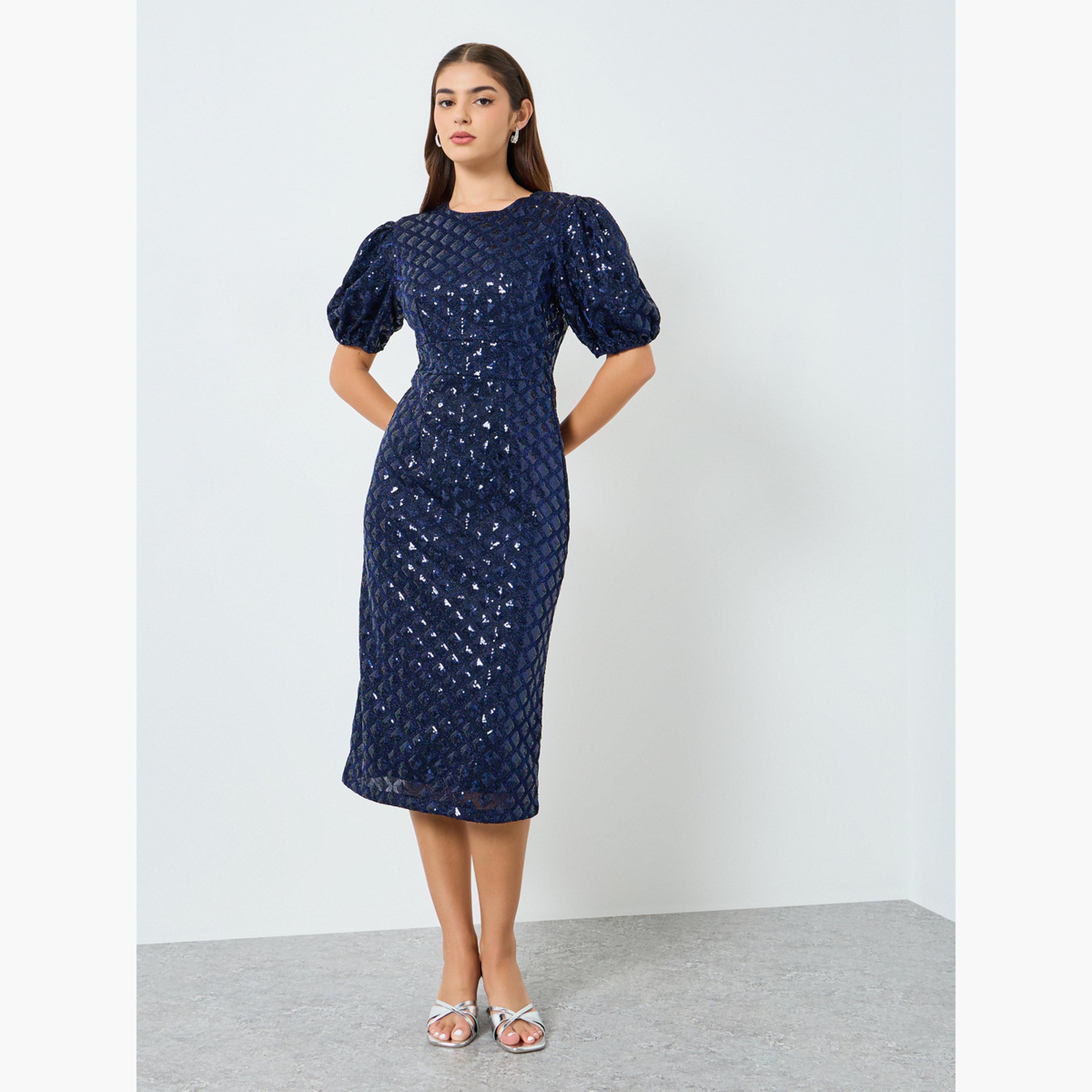 فستان ميدي ضيق بترتر وأكمام قصيرة-women-clothing-dresses-image-1