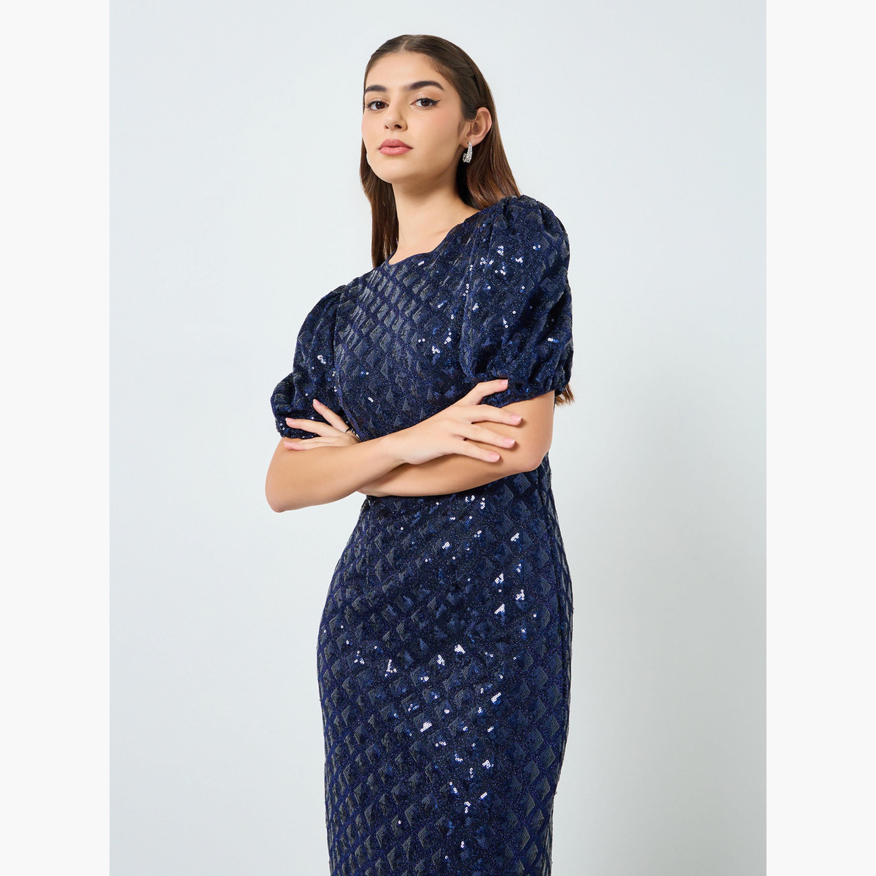 فستان ميدي ضيق بترتر وأكمام قصيرة-women-clothing-dresses-image-2
