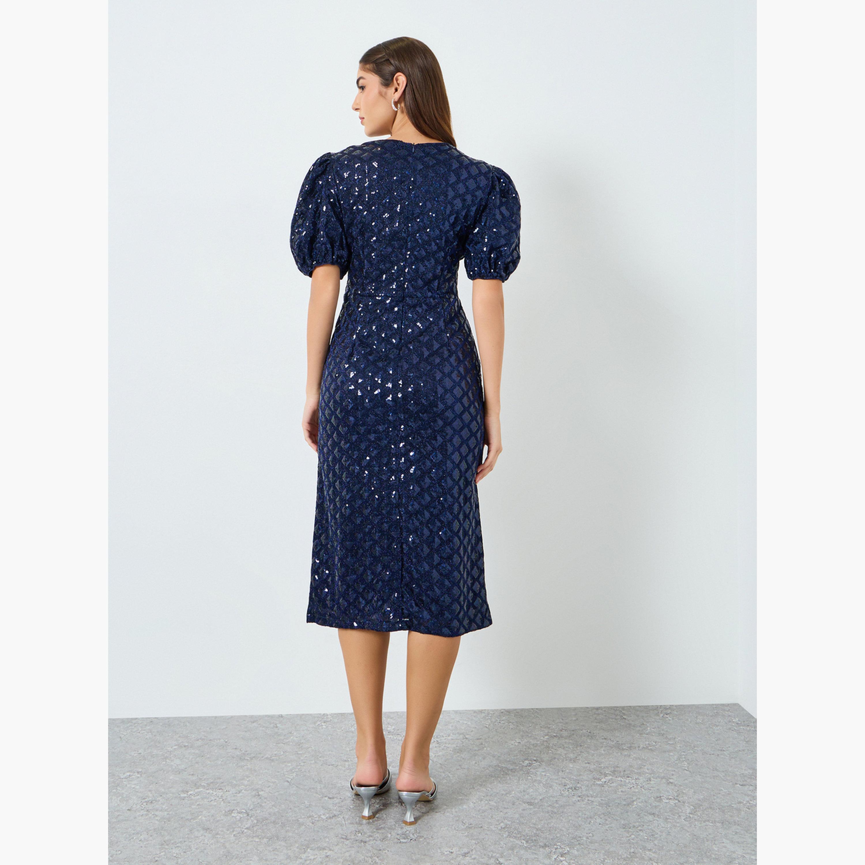 فستان ميدي ضيق بترتر وأكمام قصيرة-women-clothing-dresses-image-3