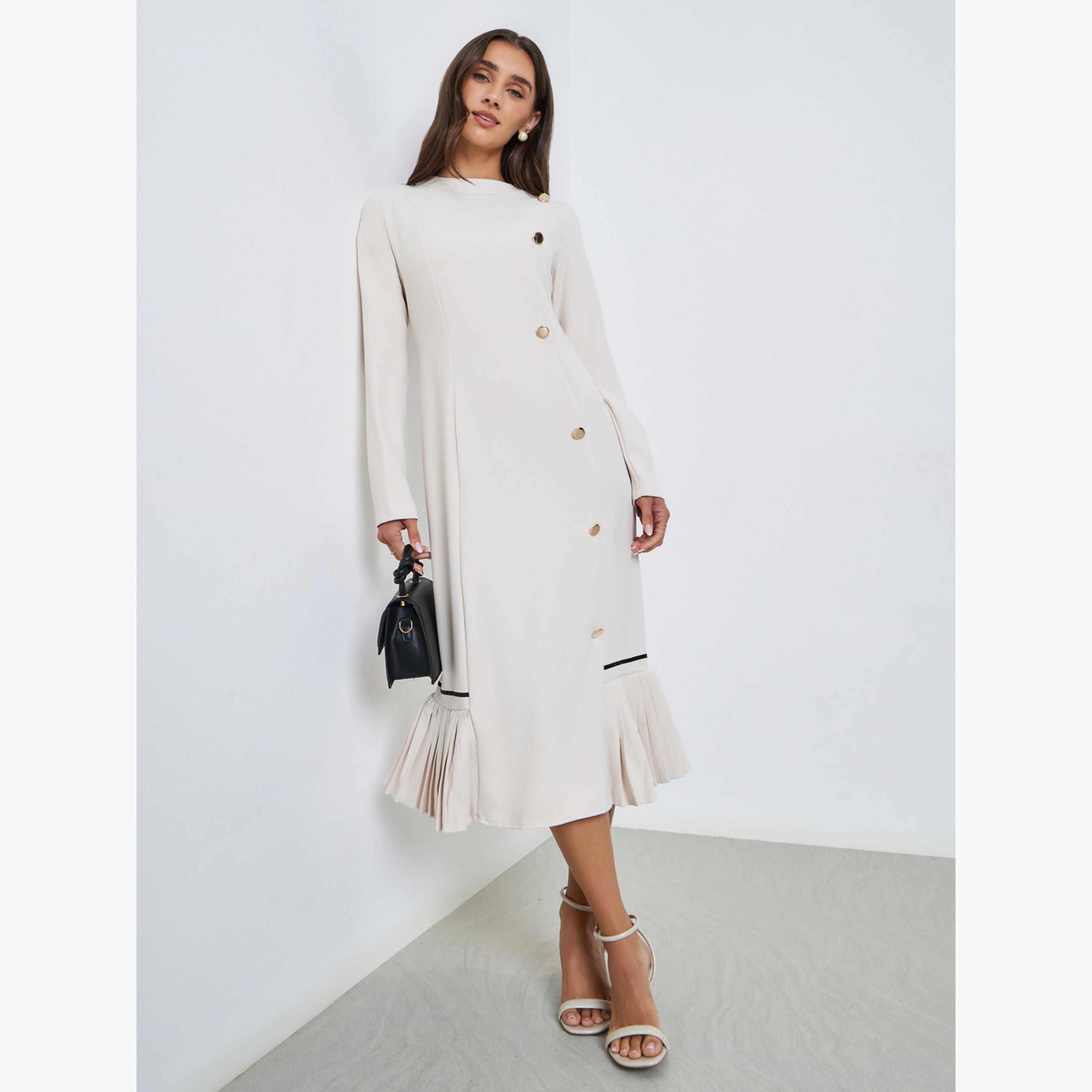 ستايلي - فستان متوسط الطول بأزرار وحافة مكشكشة لون اوف وايت-women-clothing-dresses-image-1