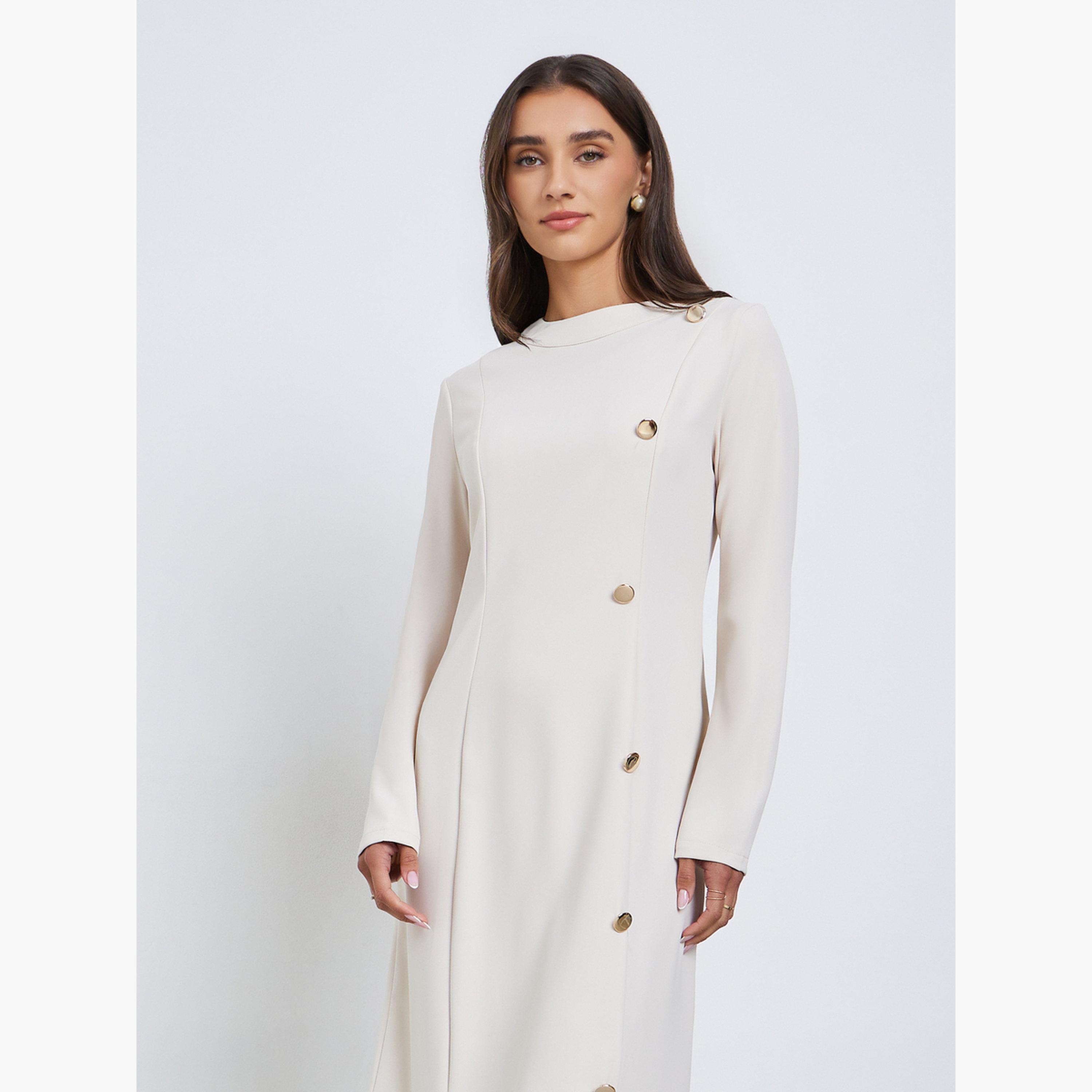 ستايلي - فستان متوسط الطول بأزرار وحافة مكشكشة لون اوف وايت-women-clothing-dresses-image-2