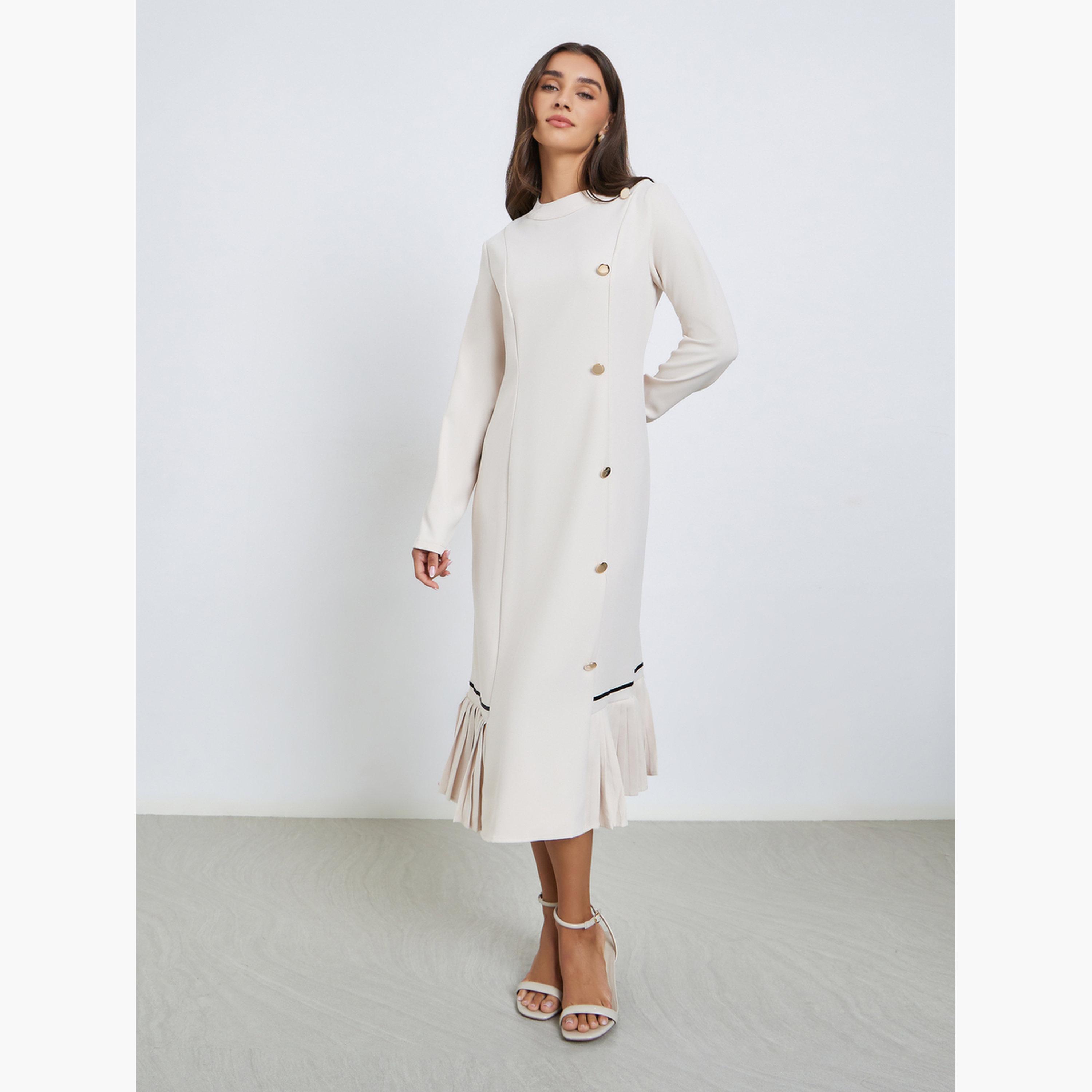 Styli Off White Ruffled Hem Buttoned Midi Dress-women-clothing-dresses-image-3