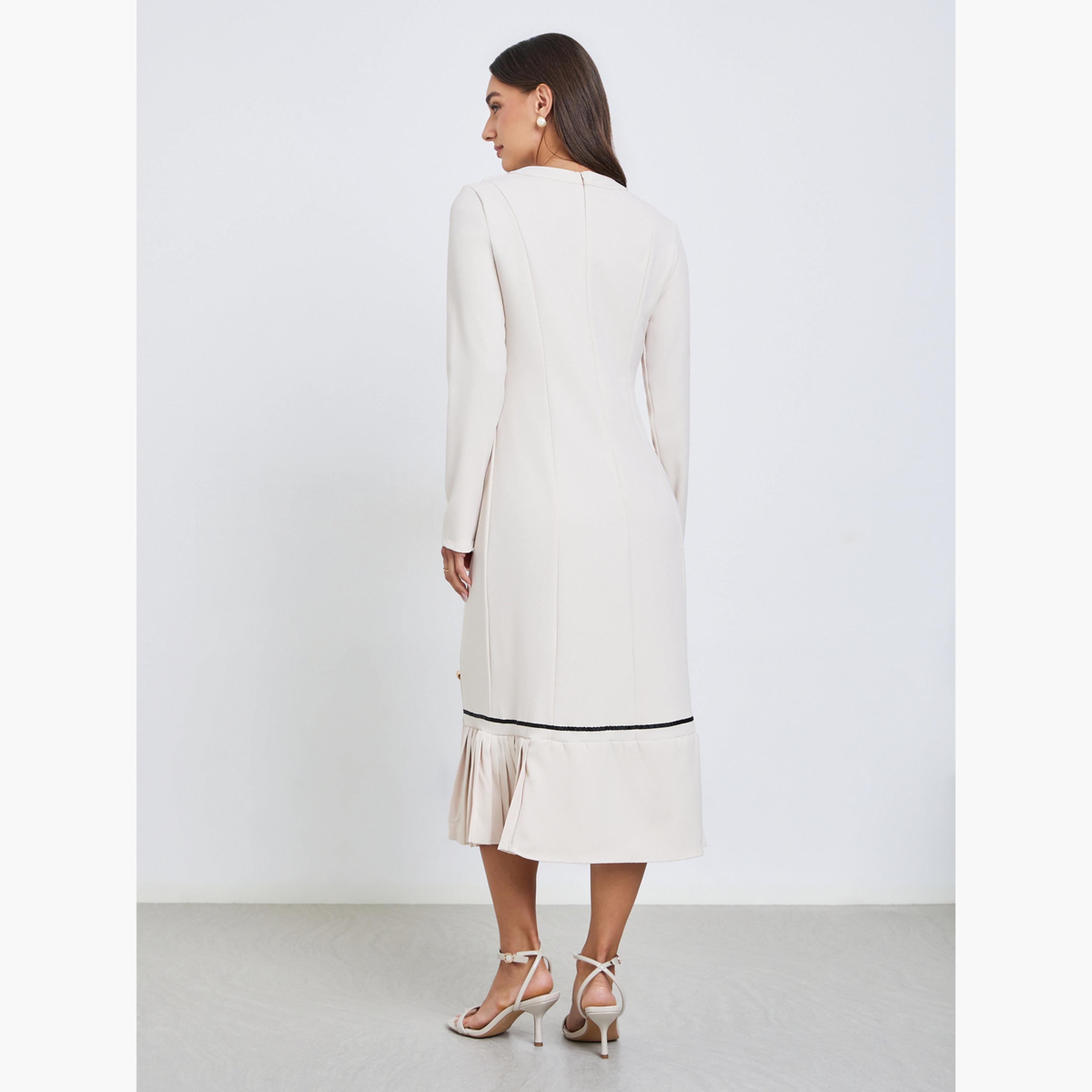 Styli Off White Ruffled Hem Buttoned Midi Dress-women-clothing-dresses-image-4