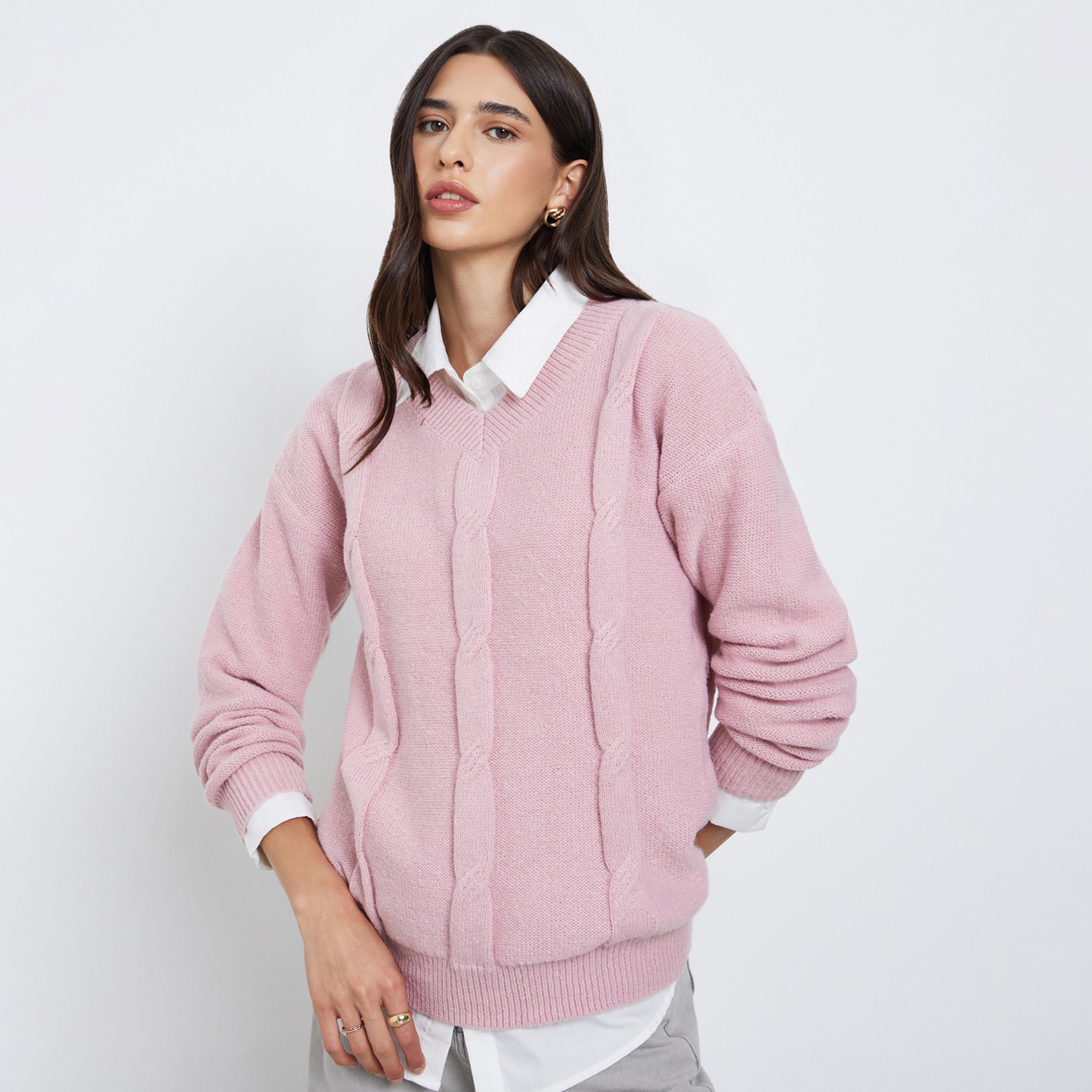 Styli Women Pink Cable Knit Relaxed Fit Sweater-women-clothing-cardigansandjumpers-jumpers-image-1