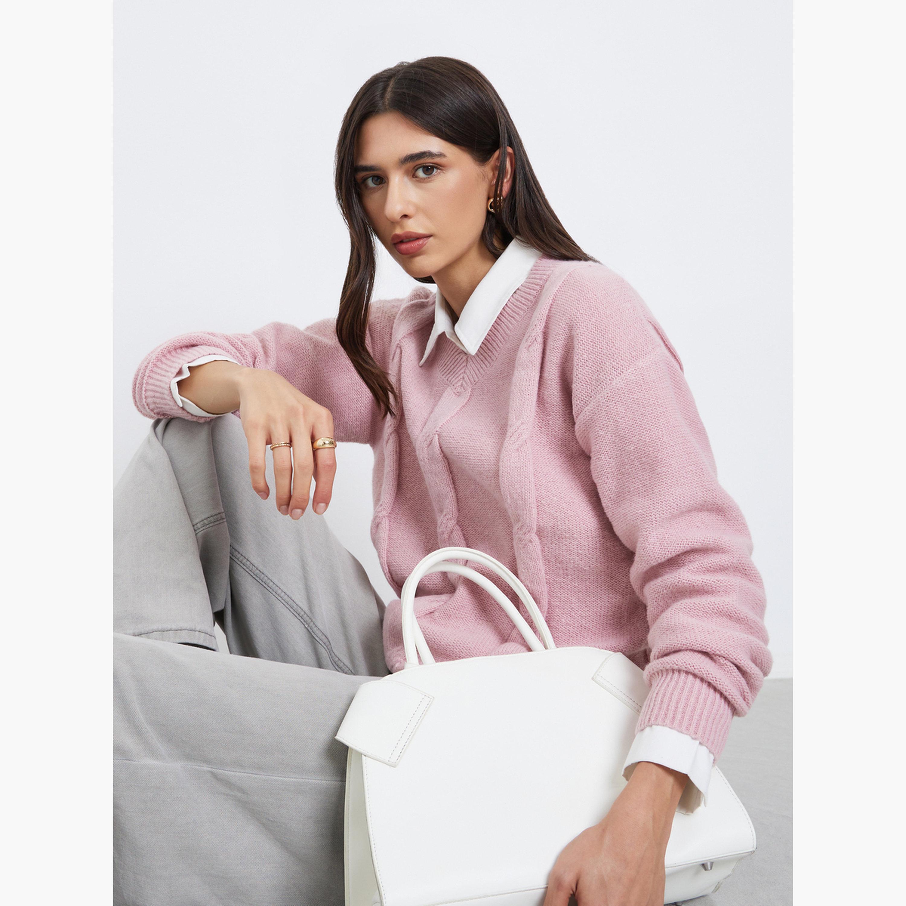 Styli Women Pink Cable Knit Relaxed Fit Sweater-women-clothing-cardigansandjumpers-jumpers-image-3