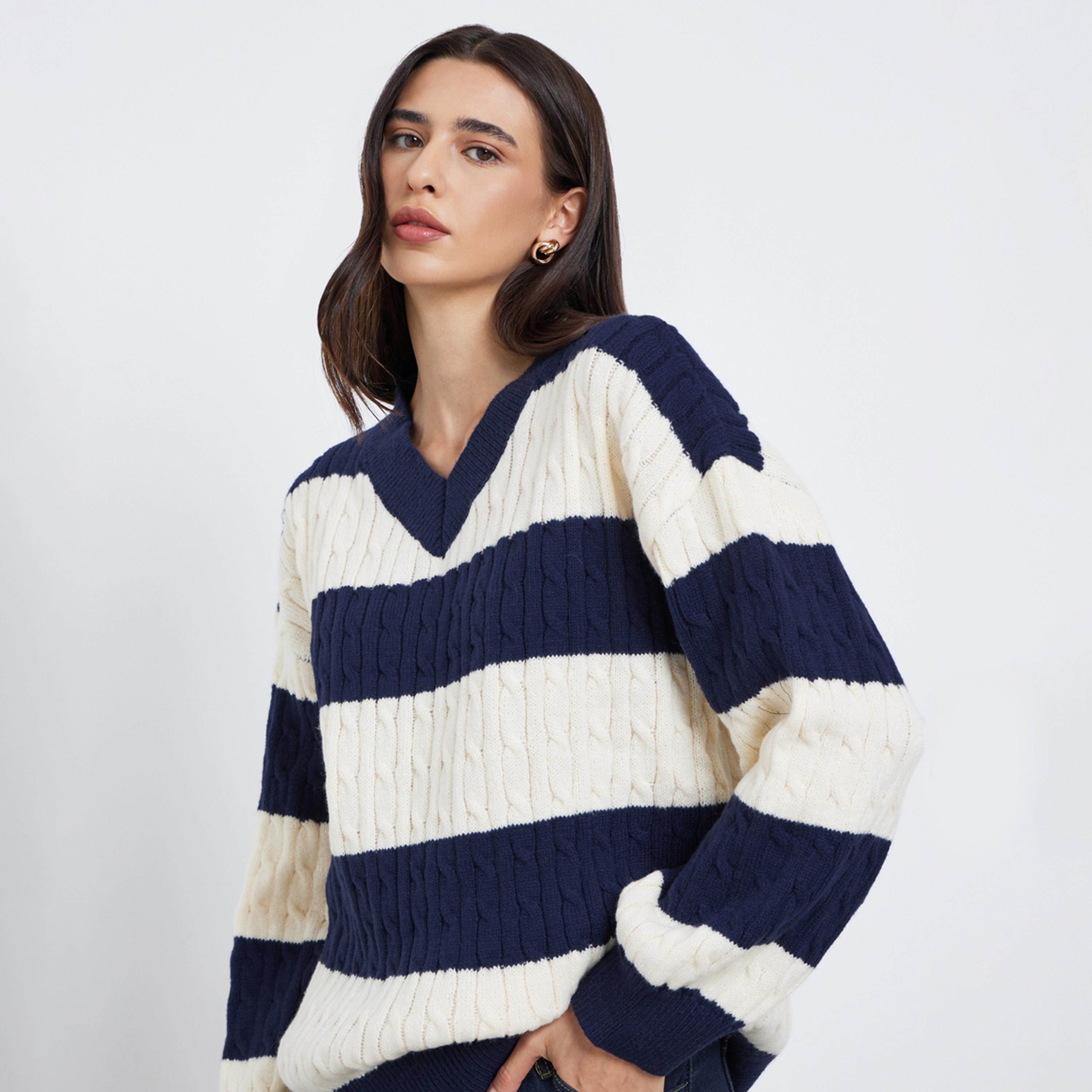 Styli Women Striped Cable Knit V Neck Sweater-women-clothing-cardigansandjumpers-jumpers-image-1