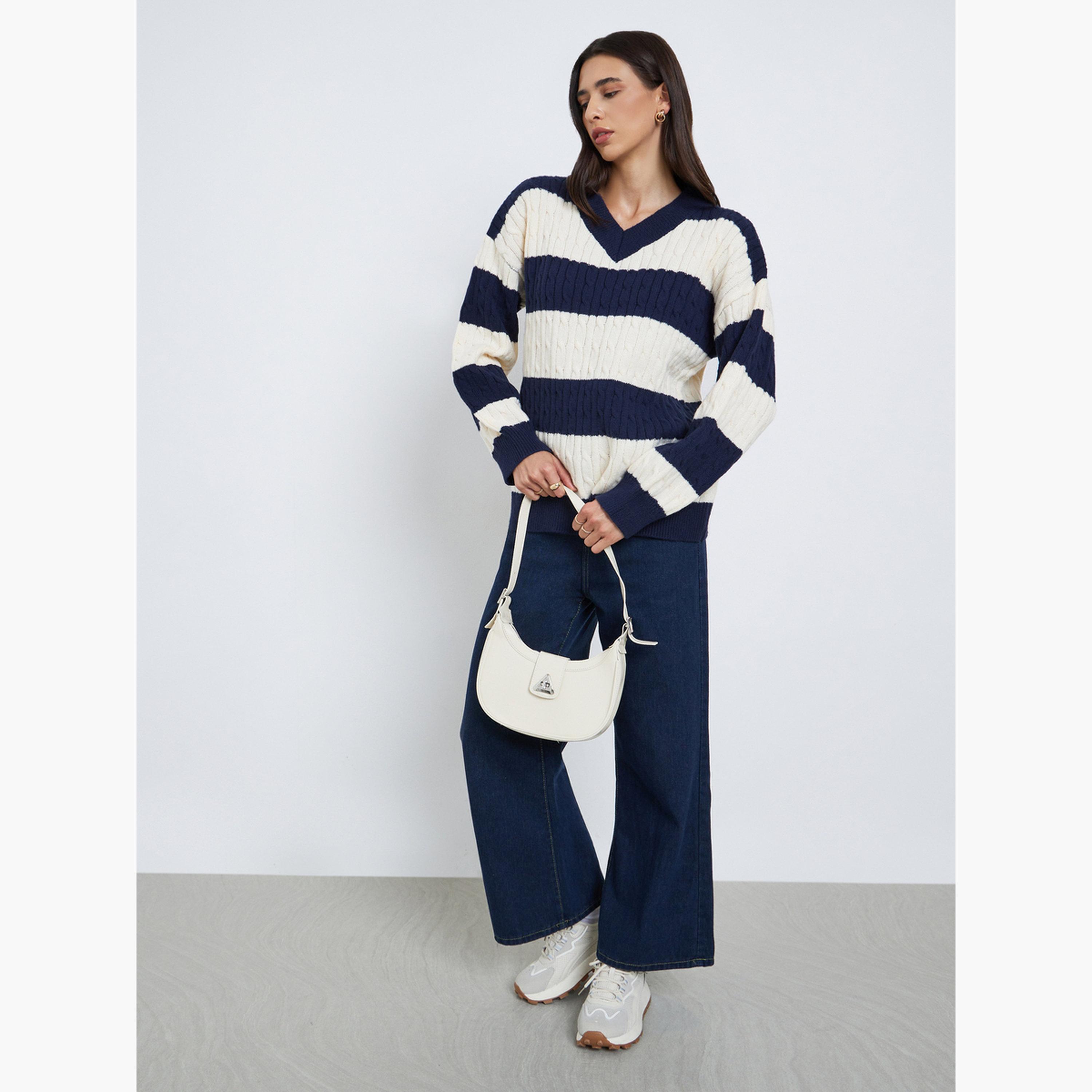 Styli Women Striped Cable Knit V Neck Sweater-women-clothing-cardigansandjumpers-jumpers-image-2