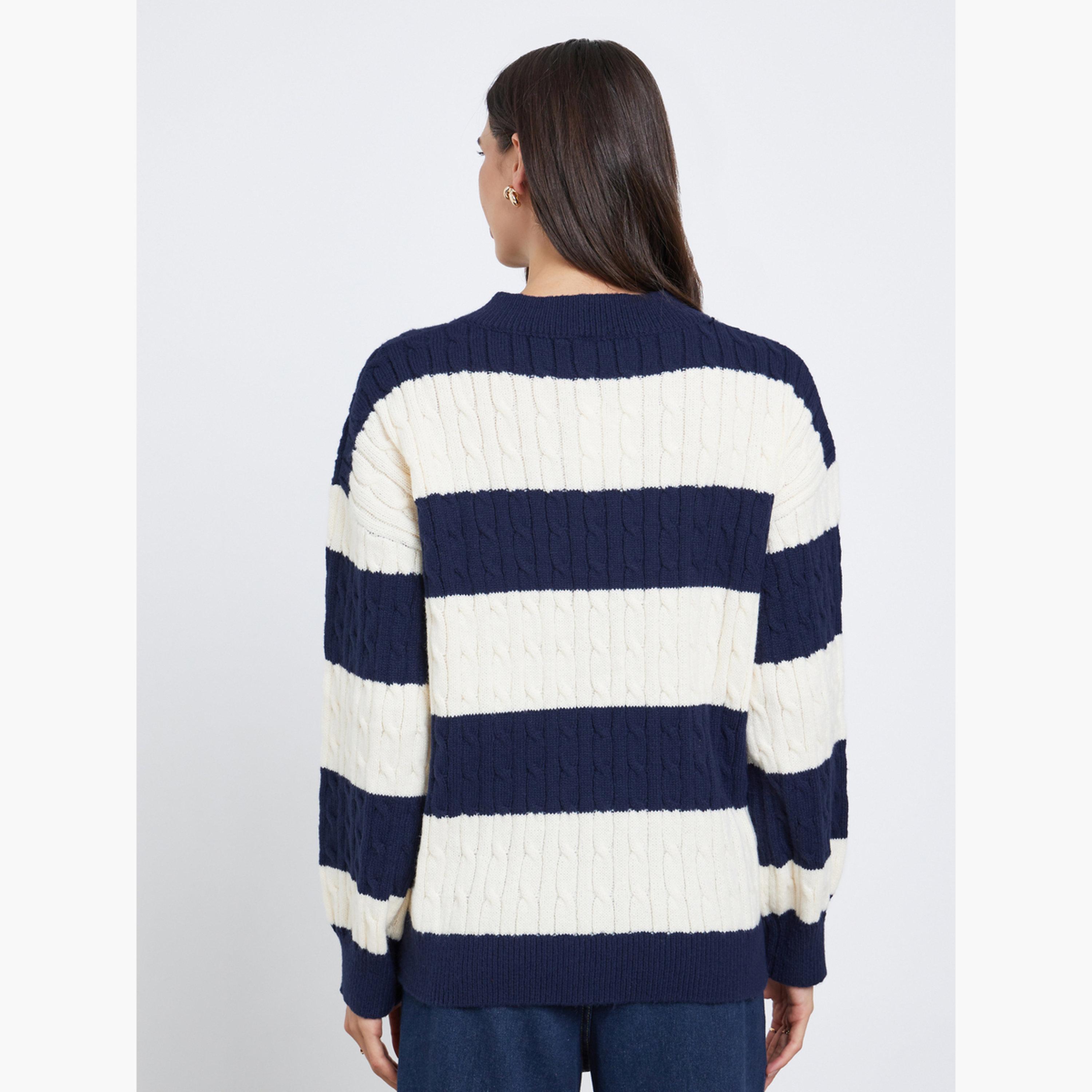 Styli Women Striped Cable Knit V Neck Sweater-women-clothing-cardigansandjumpers-jumpers-image-3