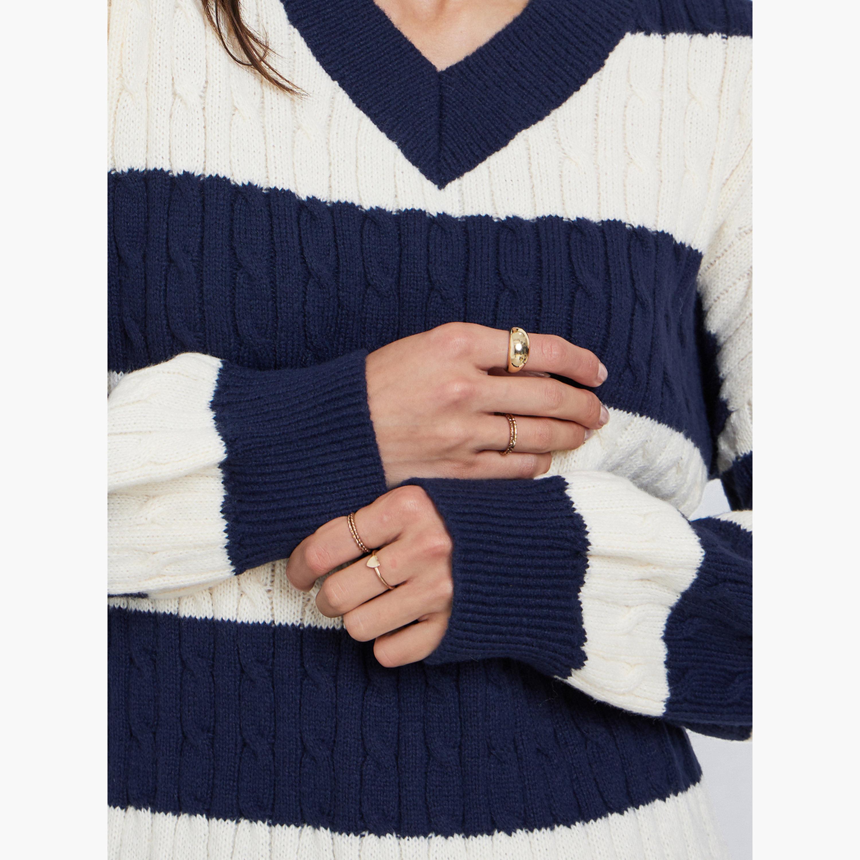 Styli Women Striped Cable Knit V Neck Sweater-women-clothing-cardigansandjumpers-jumpers-image-4