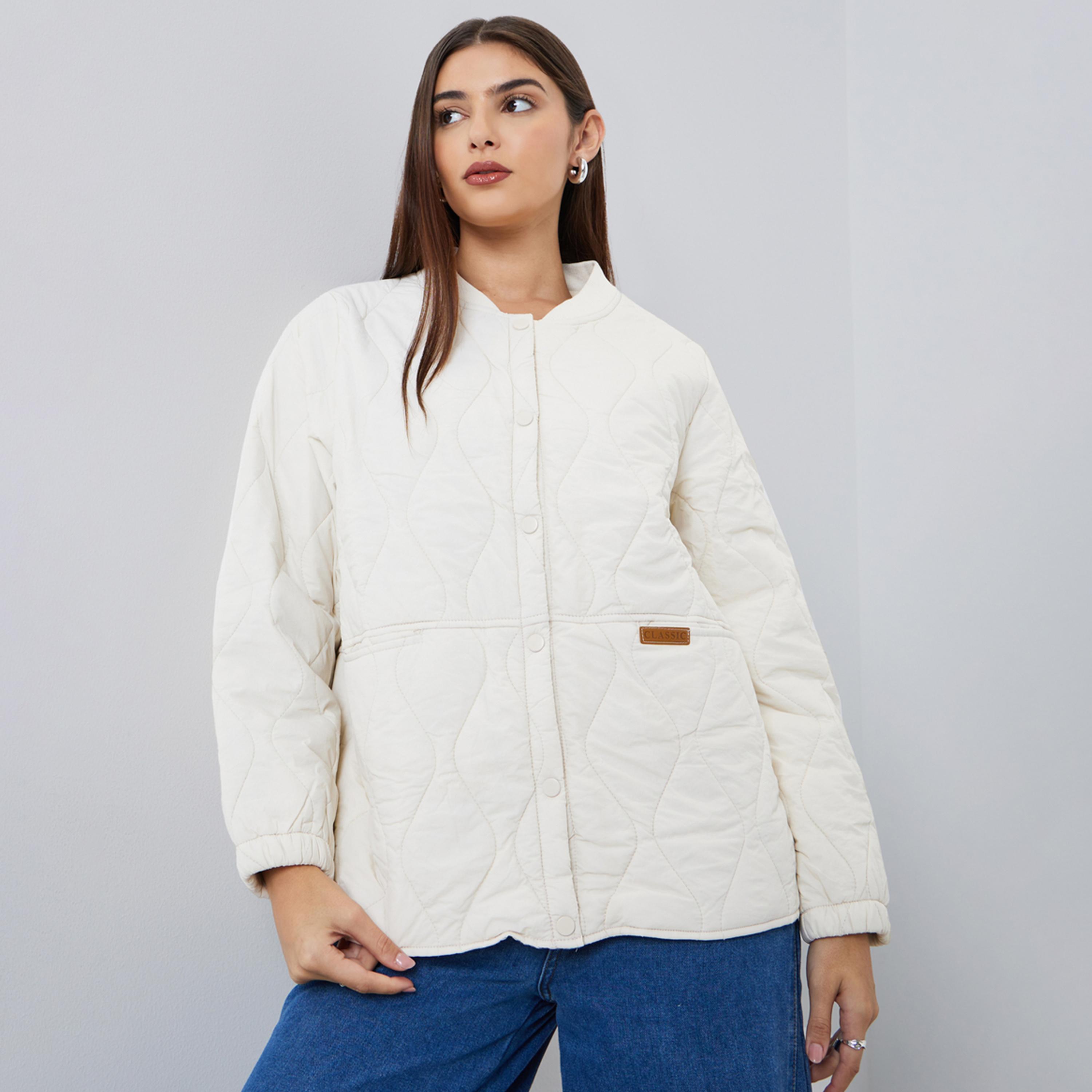Styli Solid Round Neck Long Sleeves Women's Snap Button Jacket-women-clothing-coatsandjackets-coats-image-1