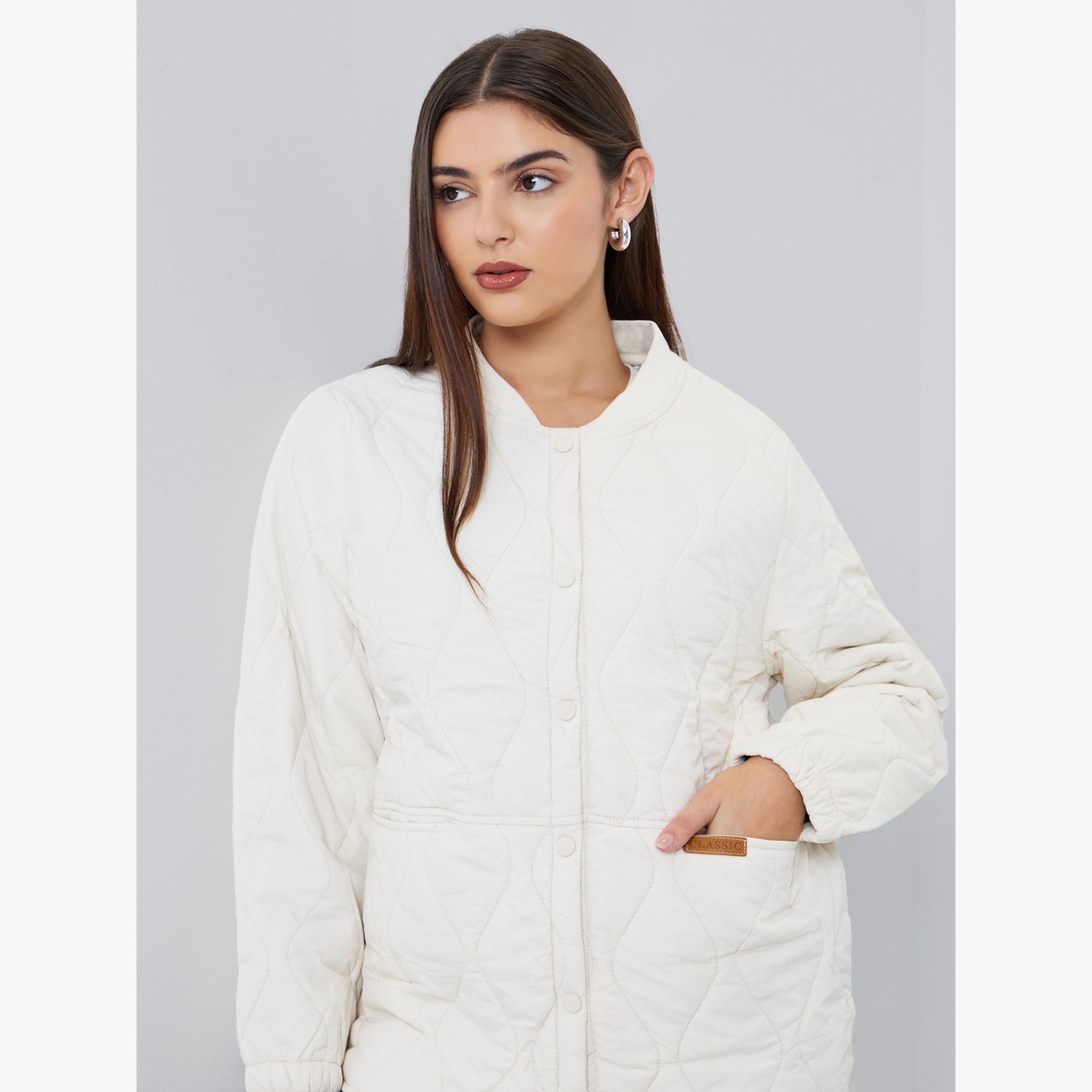 Styli Solid Round Neck Long Sleeves Women's Snap Button Jacket-women-clothing-coatsandjackets-coats-image-3