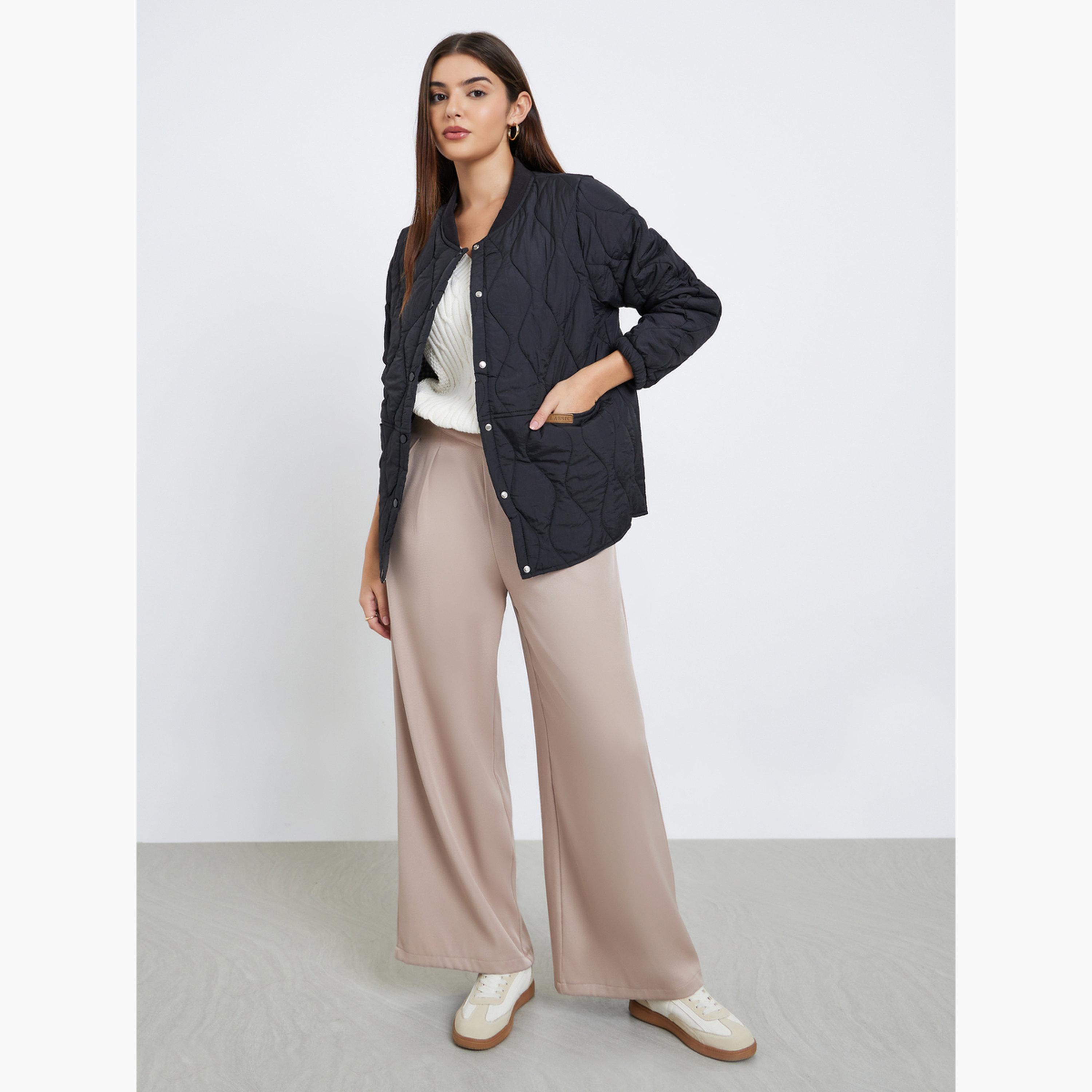 Styli Quilted Round Neck Long Sleeves Women's Snap Button Jacket-women-winterwear-coatsandjackets-coats-image-2