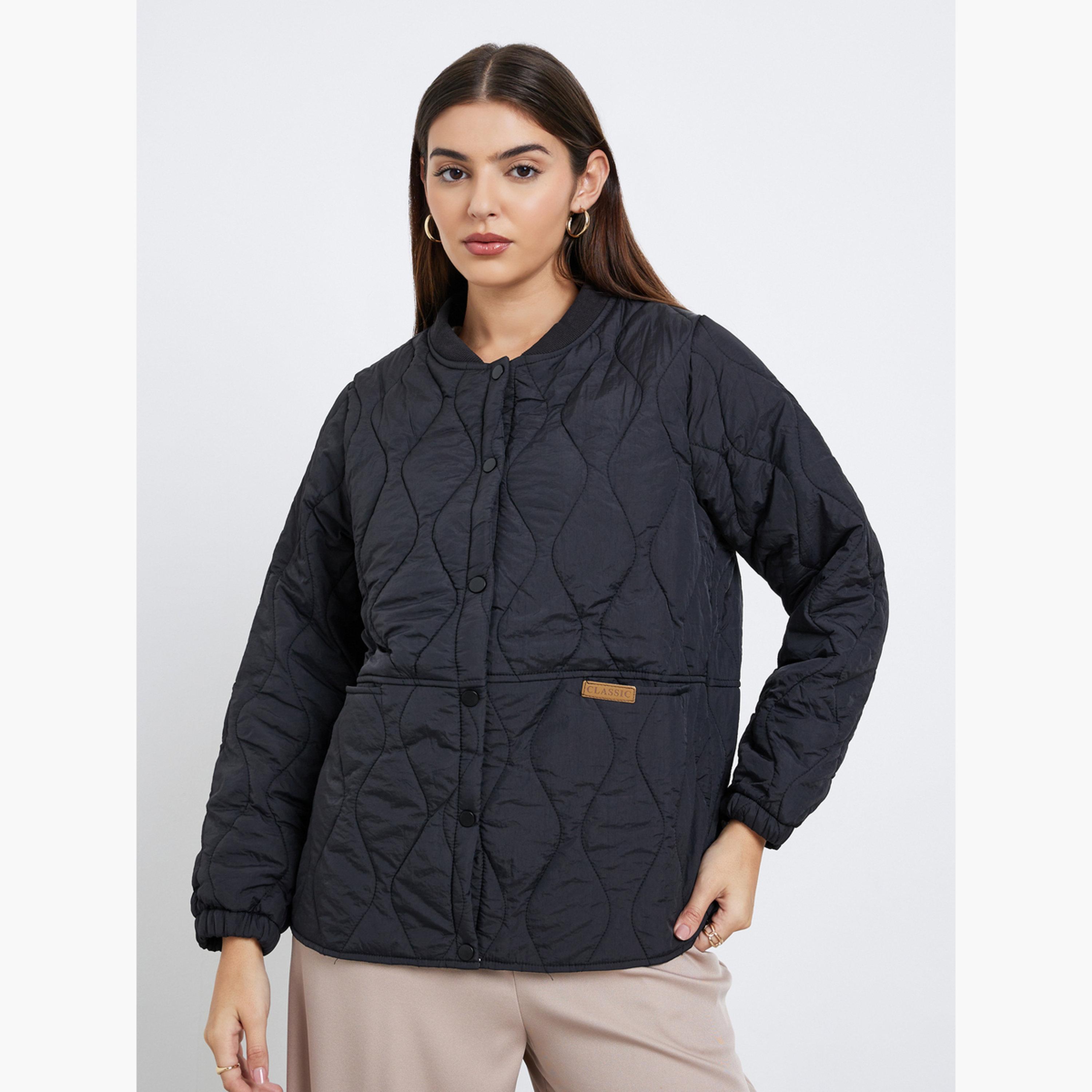Styli Quilted Round Neck Long Sleeves Women's Snap Button Jacket-women-winterwear-coatsandjackets-coats-image-3