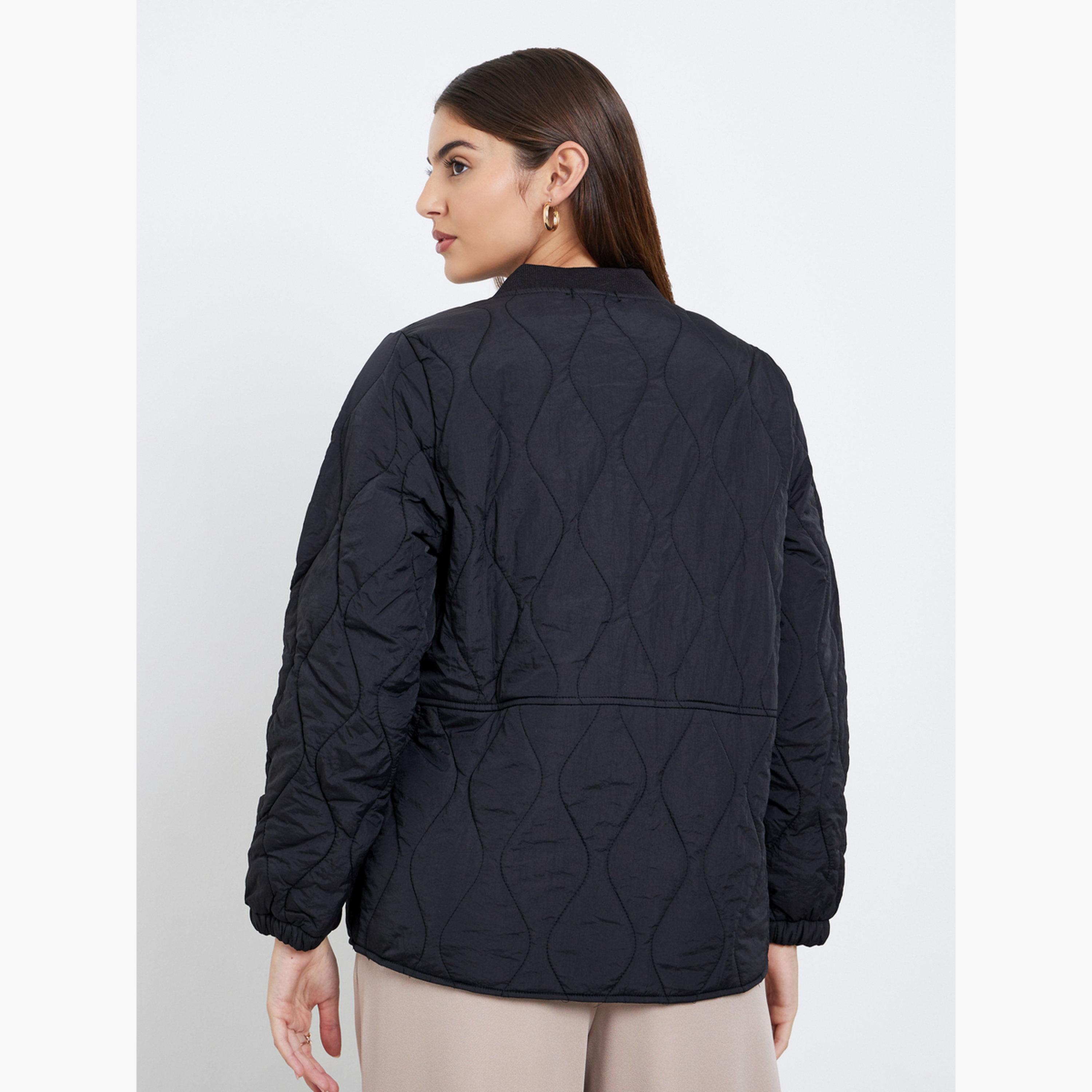 Styli Quilted Round Neck Long Sleeves Women's Snap Button Jacket-women-winterwear-coatsandjackets-coats-image-5