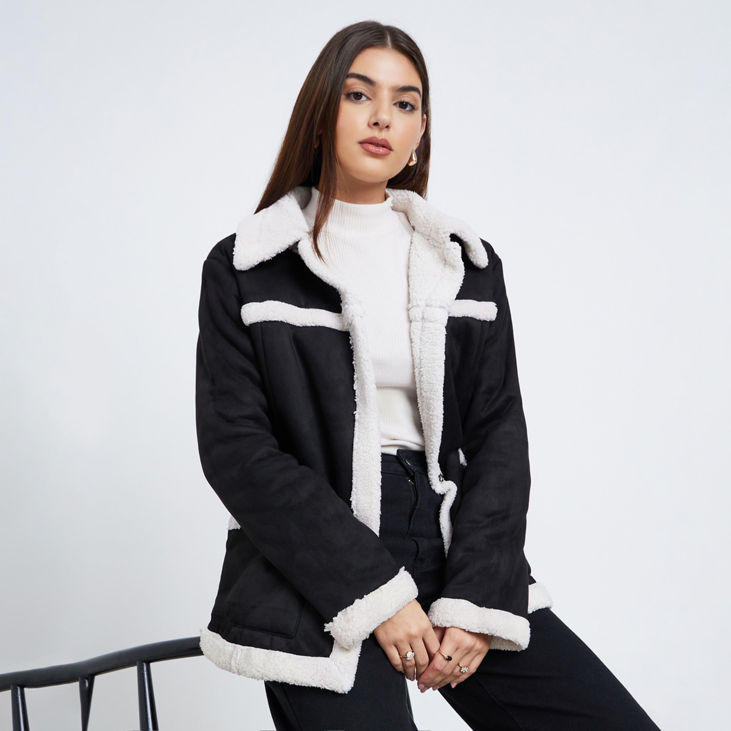 Styli Solid Collared Long Sleeves Women's Snap Button Jacket-women-clothing-coatsandjackets-coats-image-1