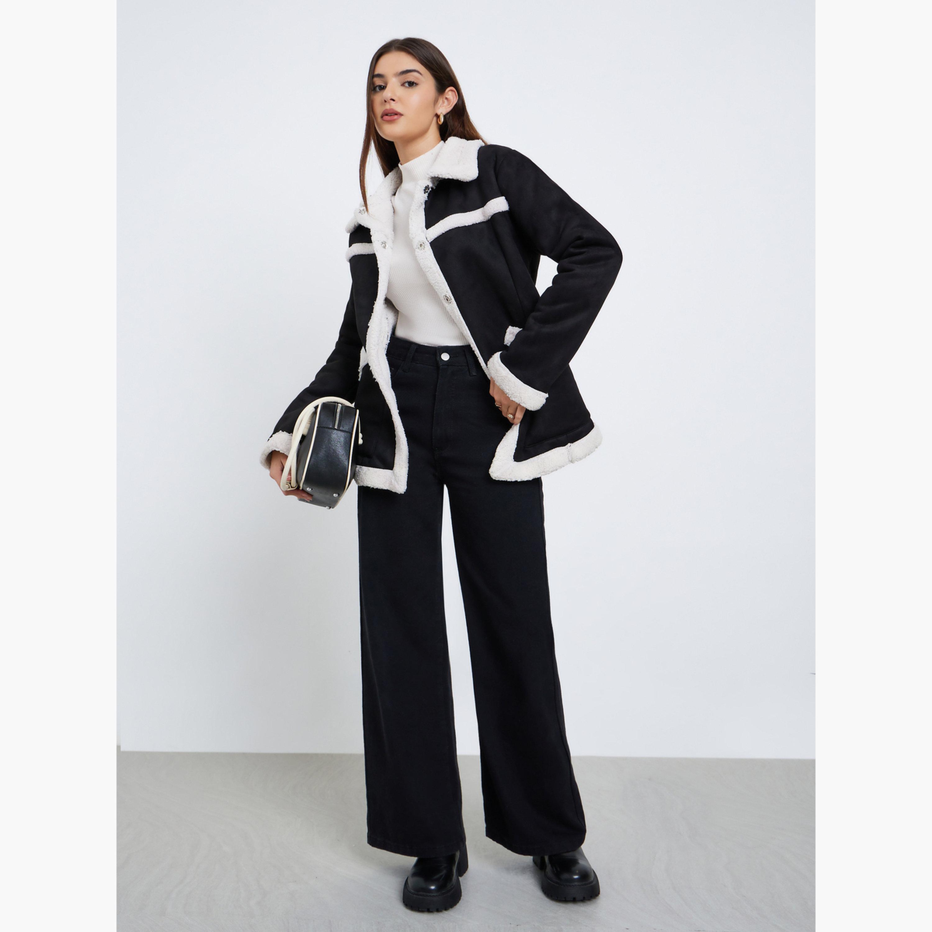 Styli Solid Collared Long Sleeves Women's Snap Button Jacket-women-clothing-coatsandjackets-coats-image-2