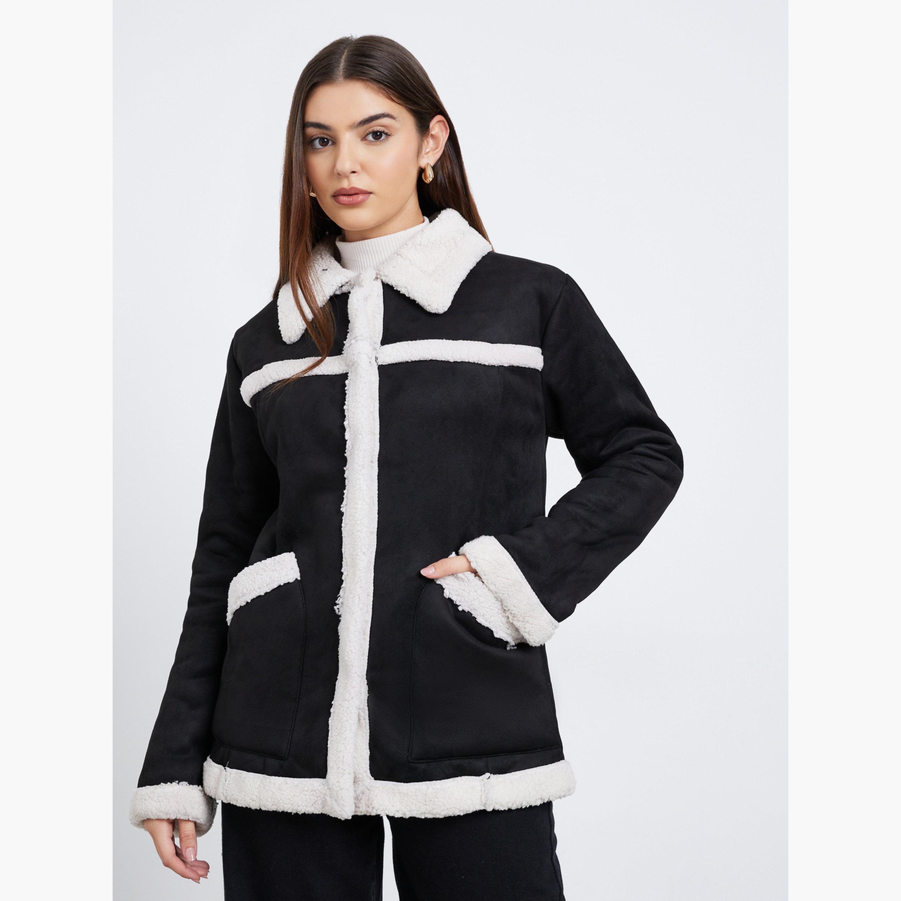 Styli Solid Collared Long Sleeves Women's Snap Button Jacket-women-clothing-coatsandjackets-coats-image-3