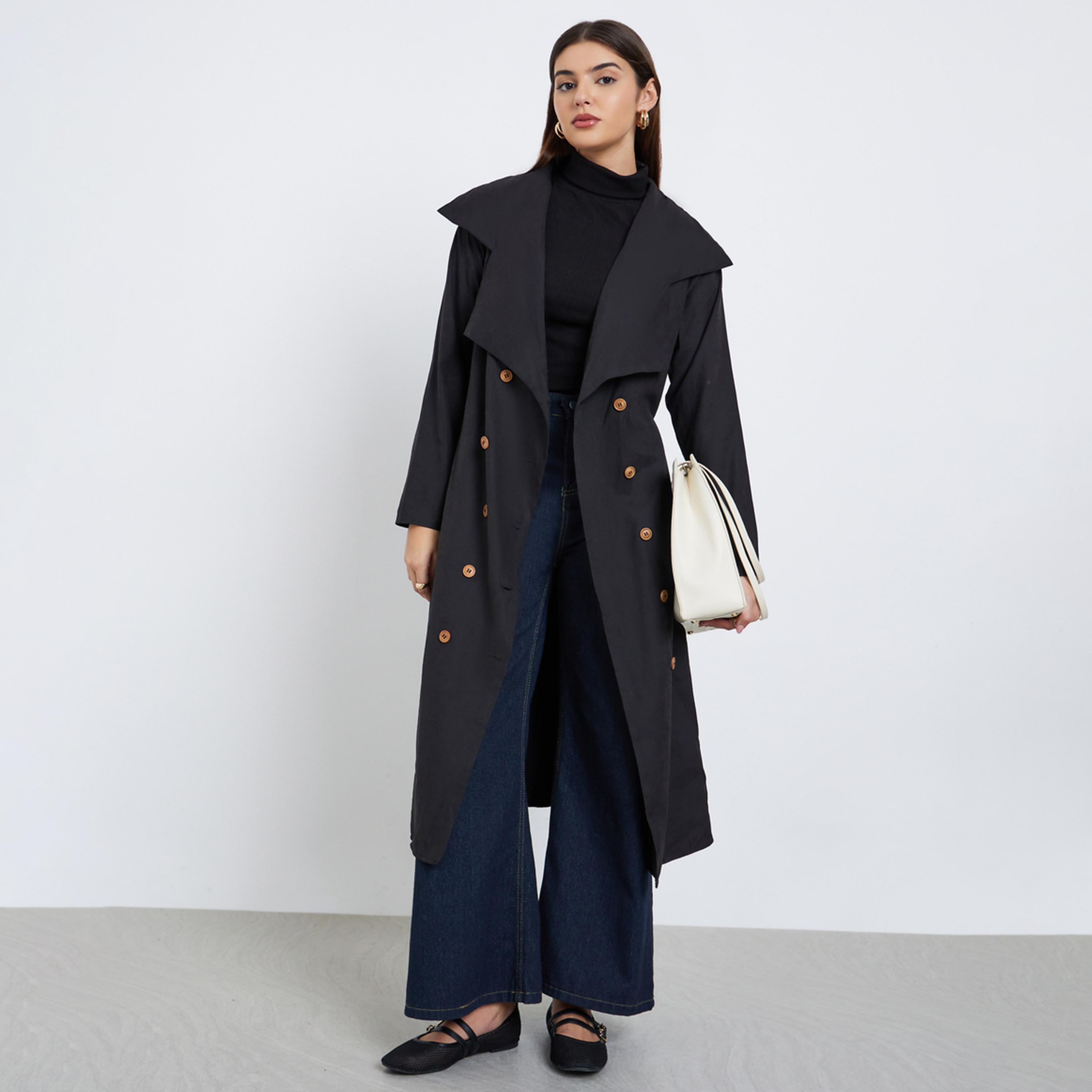Styli Women Black Double Breasted Midi Trench Coat-women-clothing-coatsandjackets-coats-image-1