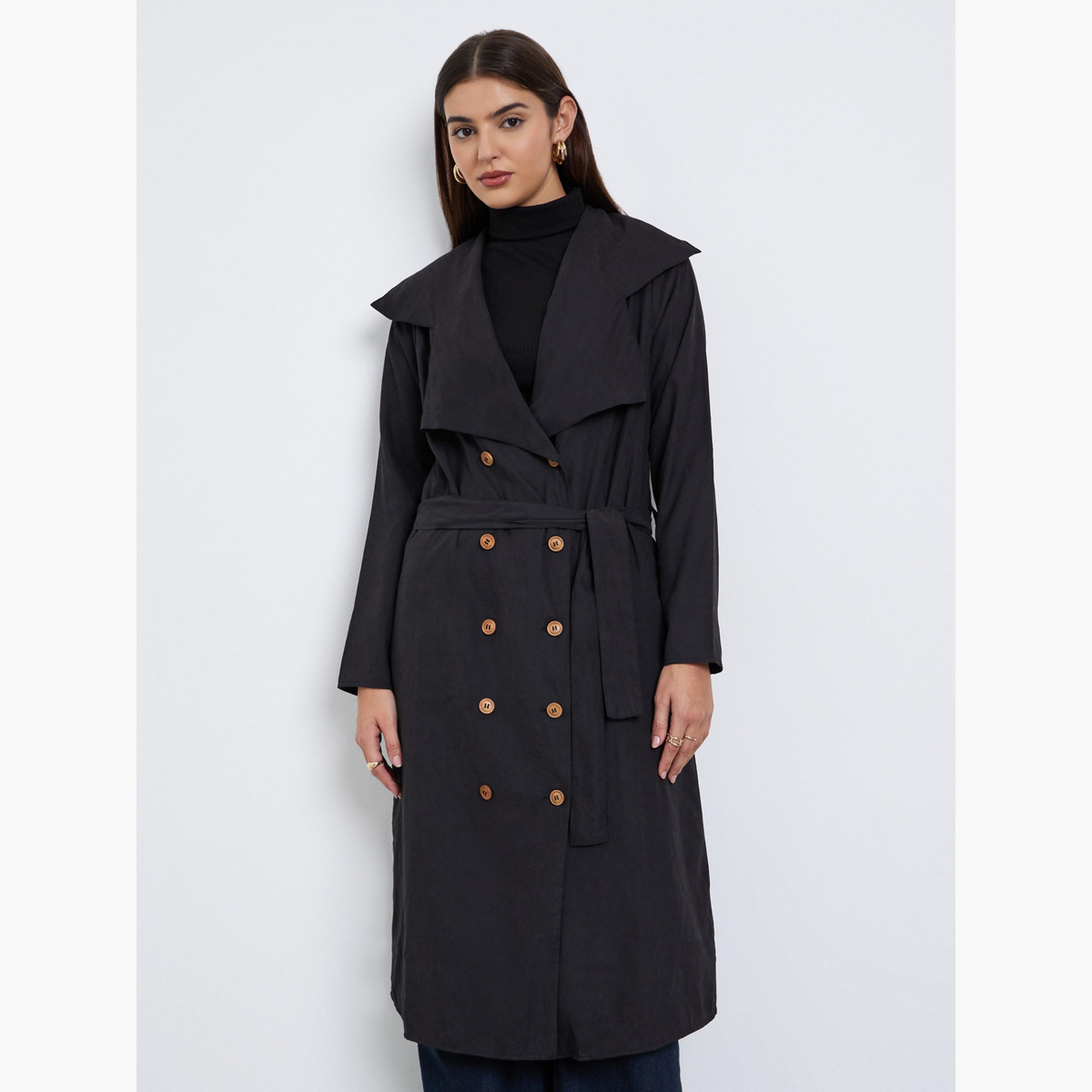 Styli Women Black Double Breasted Midi Trench Coat-women-clothing-coatsandjackets-coats-image-2