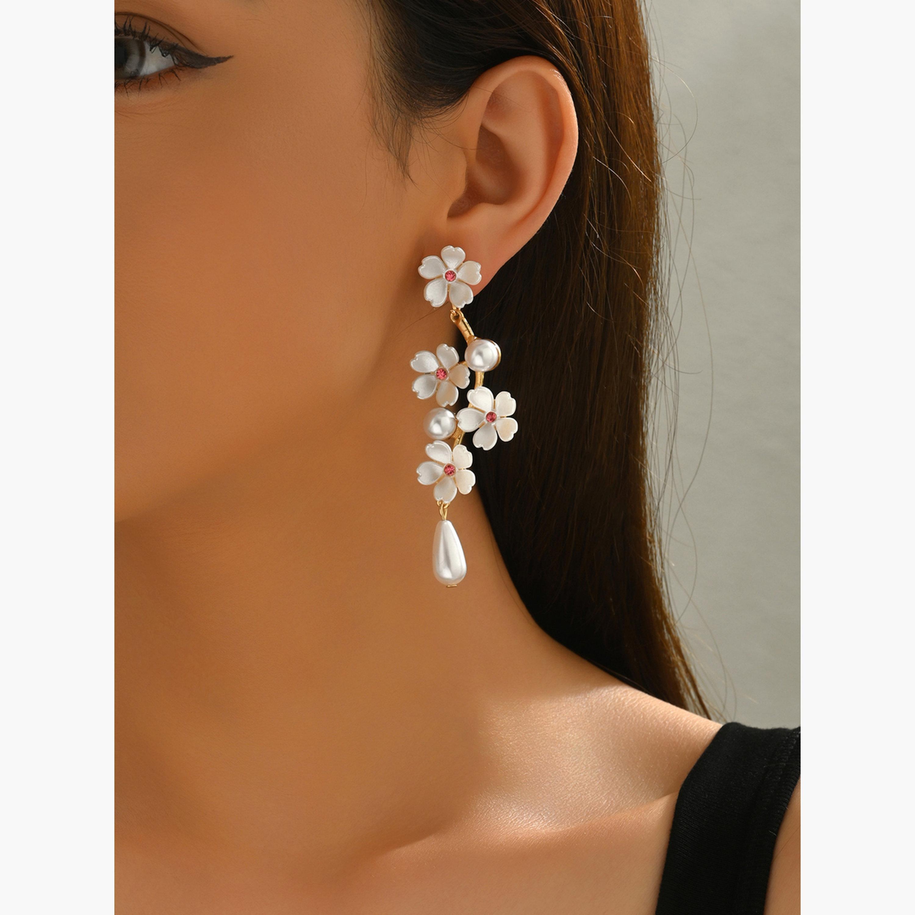 Take Two Women Floral Faux Pearl Dangle Earrings-women-watchesandjewellery-jewellery-earrings-image-2