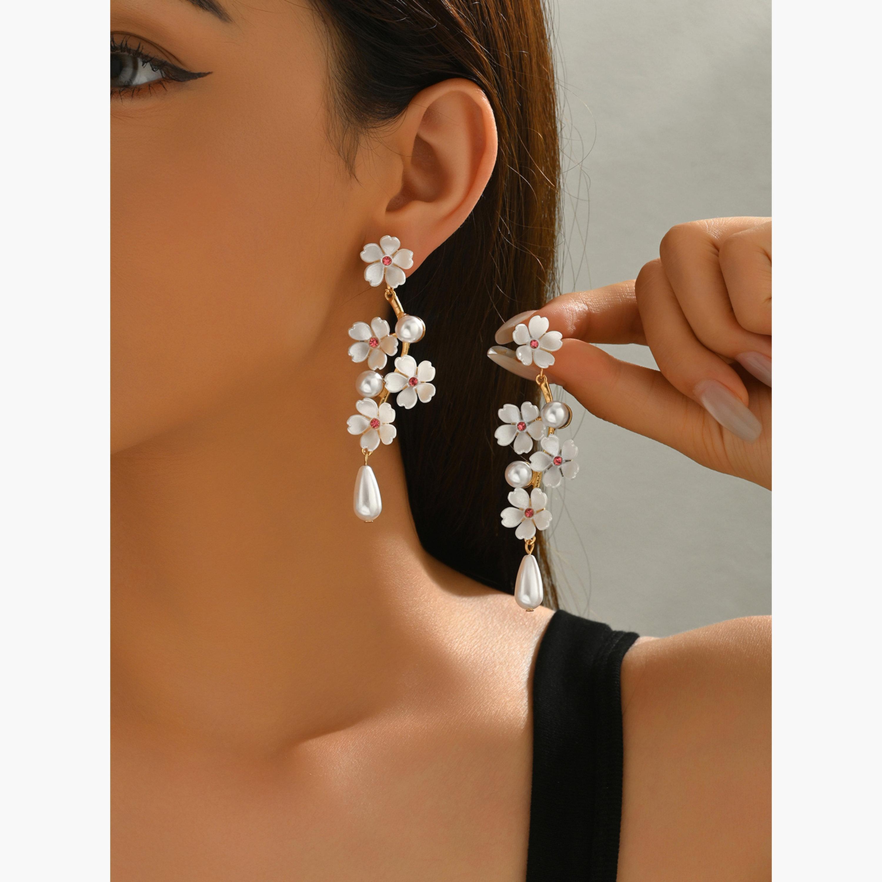 Take Two Women Floral Faux Pearl Dangle Earrings-women-watchesandjewellery-jewellery-earrings-image-3