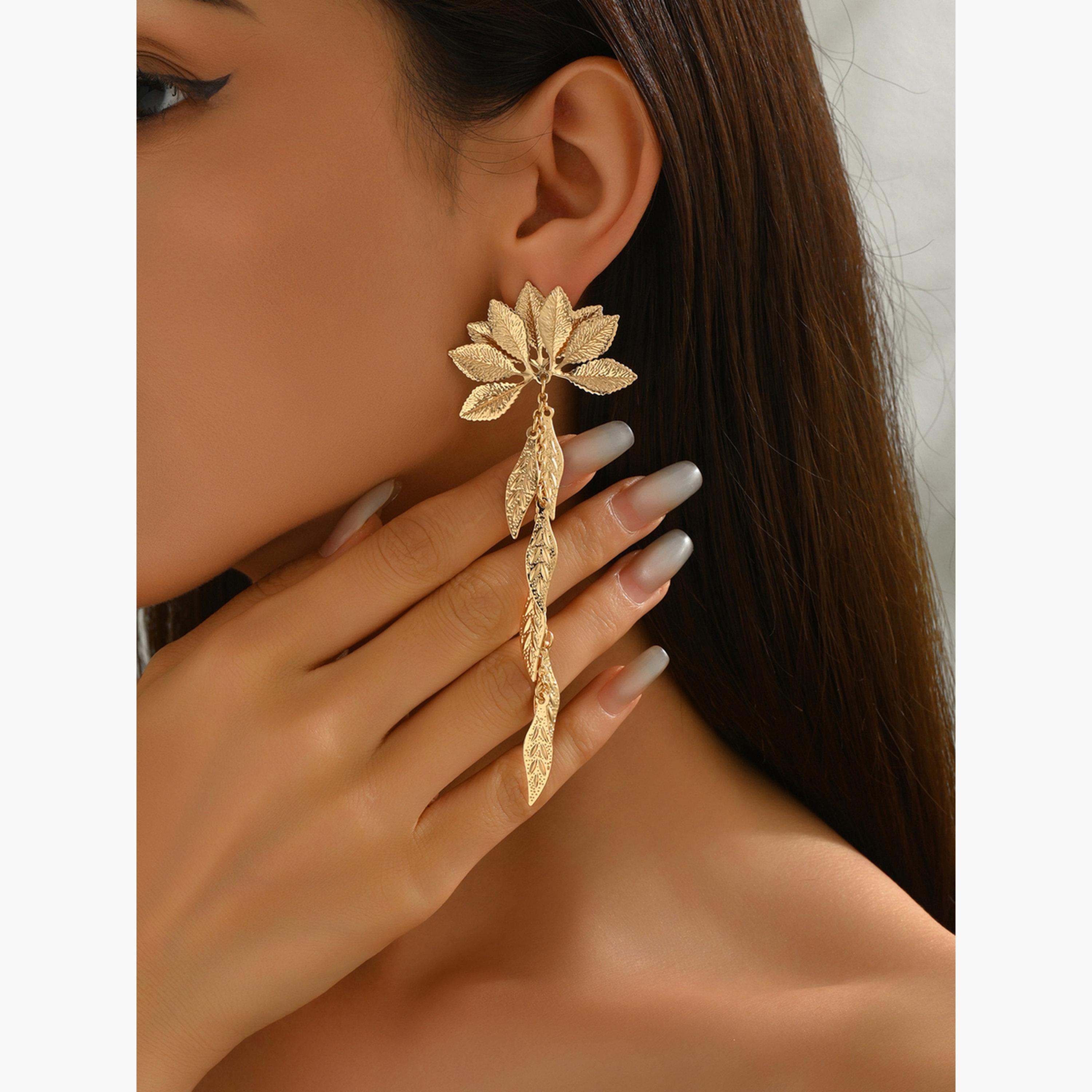 Take Two Gold Leaf Dangle Earrings-women-watchesandjewellery-jewellery-earrings-image-2