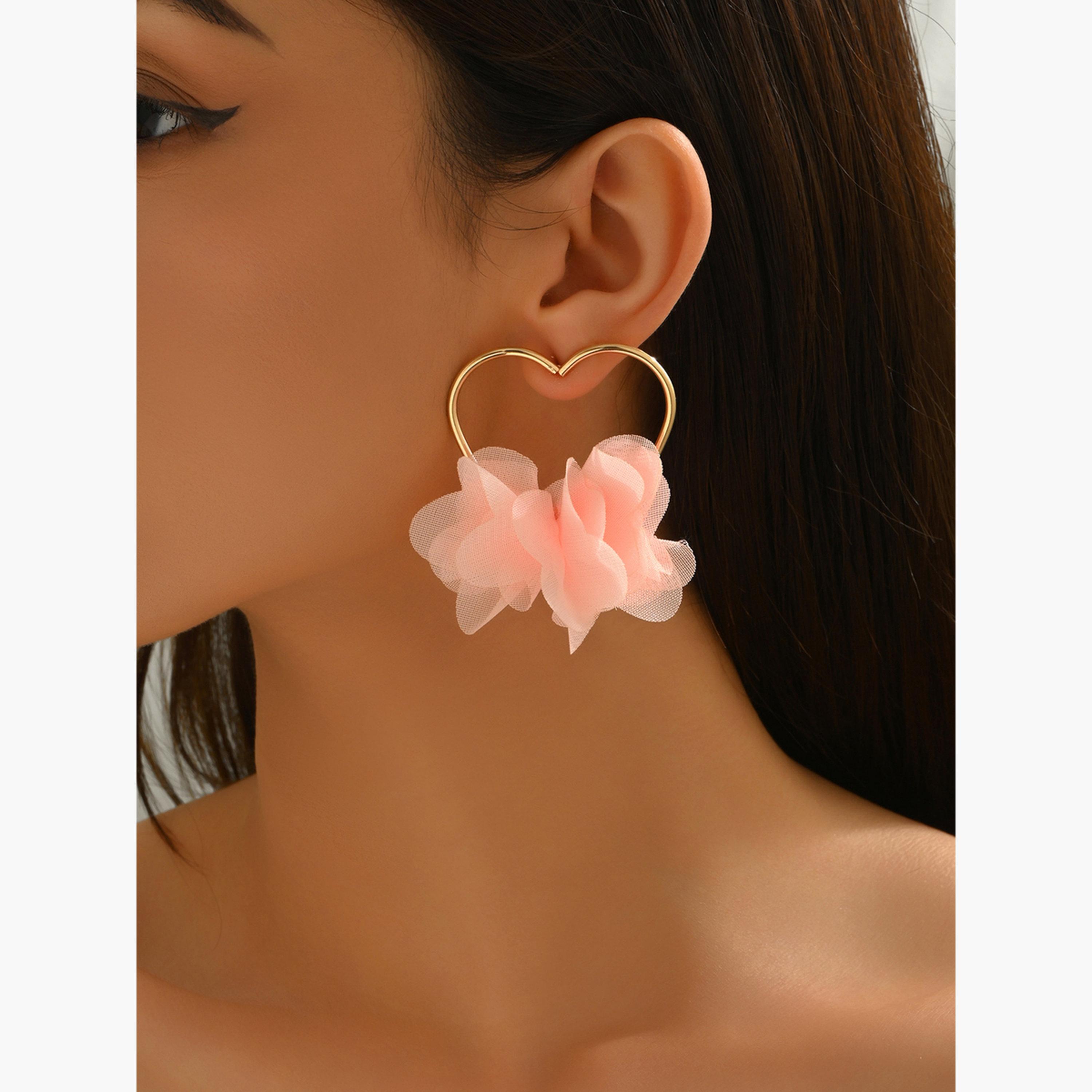 Take Two Gold Heart Hoop Earrings with Peach Flower Detail-women-watchesandjewellery-jewellery-earrings-image-4