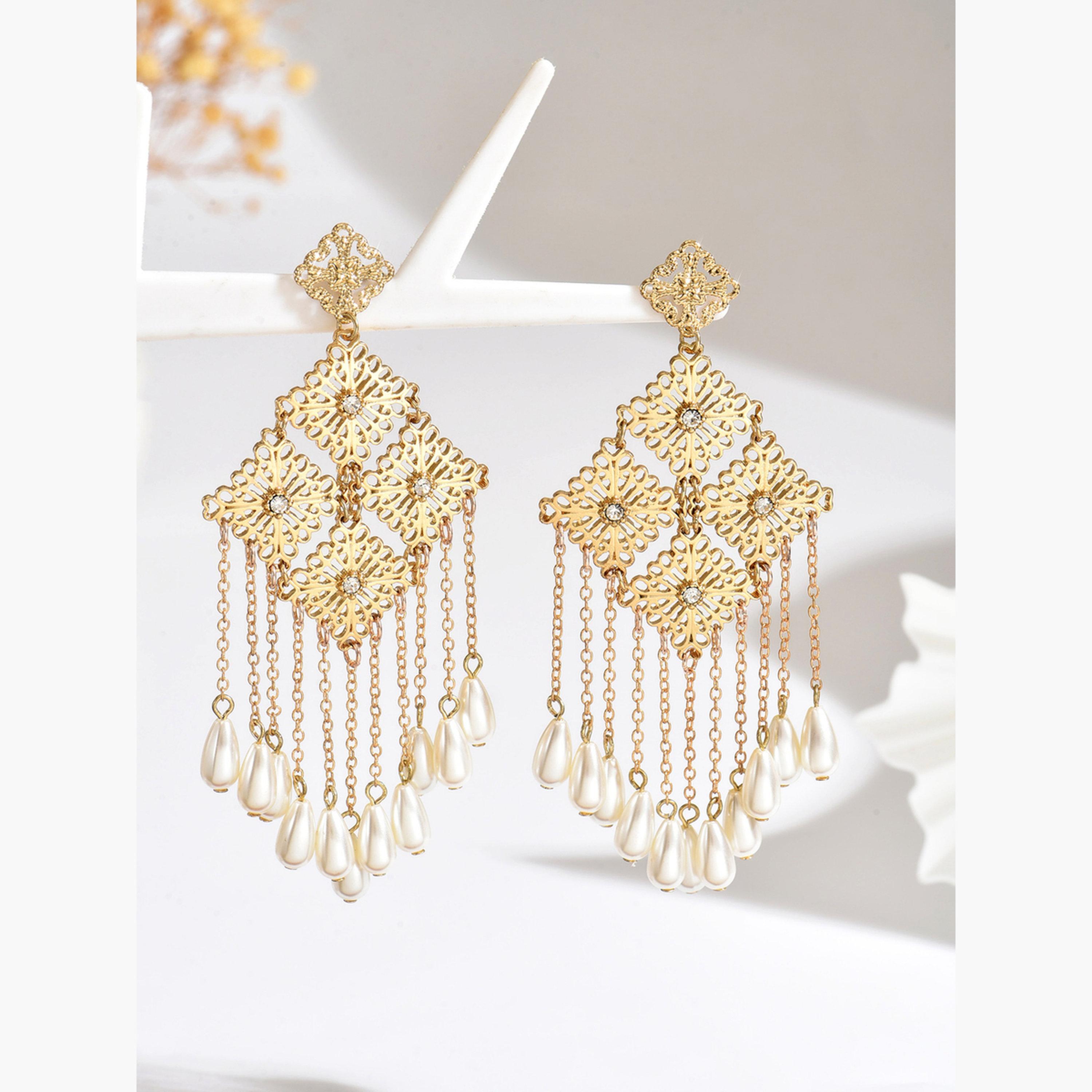 تيك تو - أقراط نسائية ذهبية متدلية على شكل معين-women-watchesandjewellery-jewellery-earrings-image-1