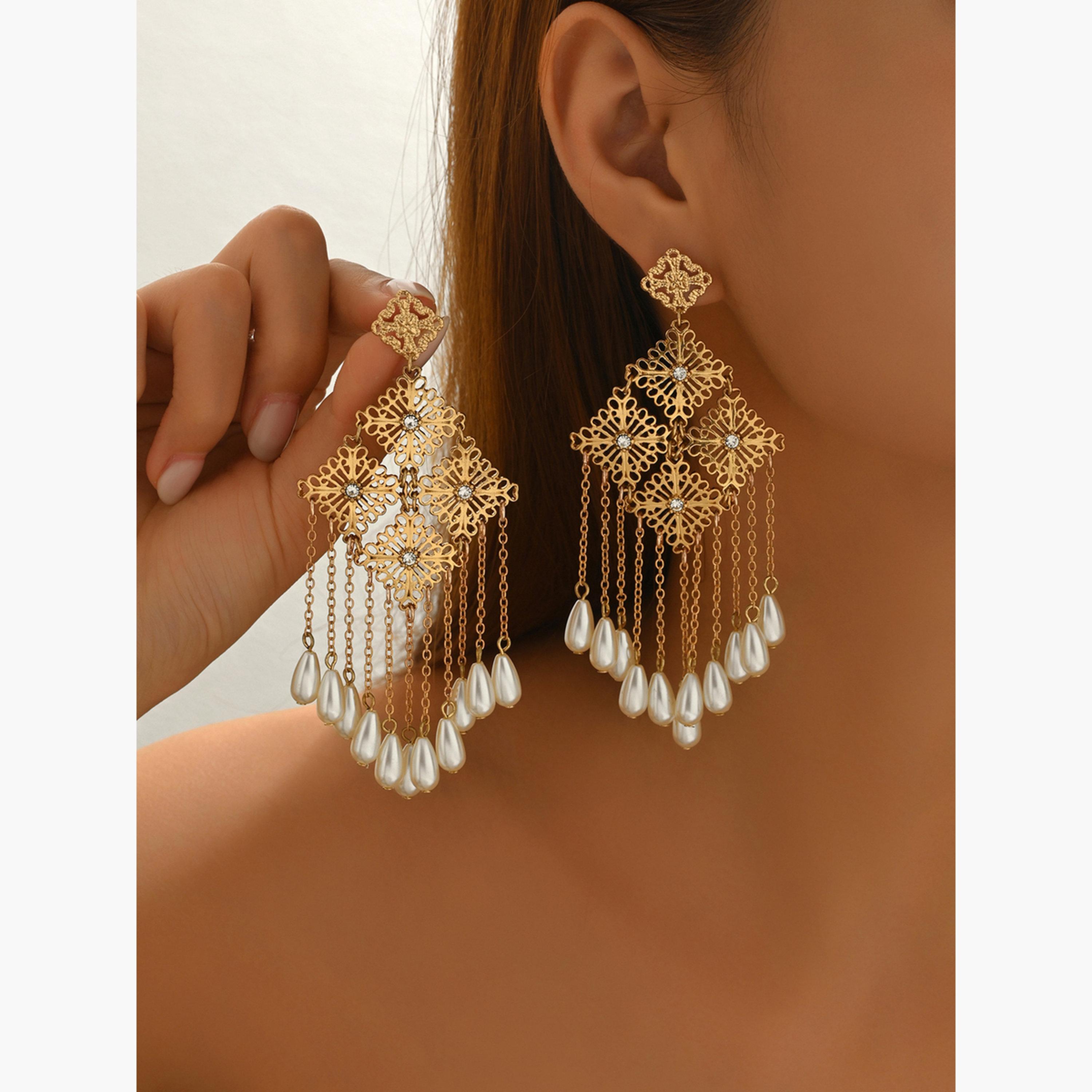 تيك تو - أقراط نسائية ذهبية متدلية على شكل معين-women-watchesandjewellery-jewellery-earrings-image-4