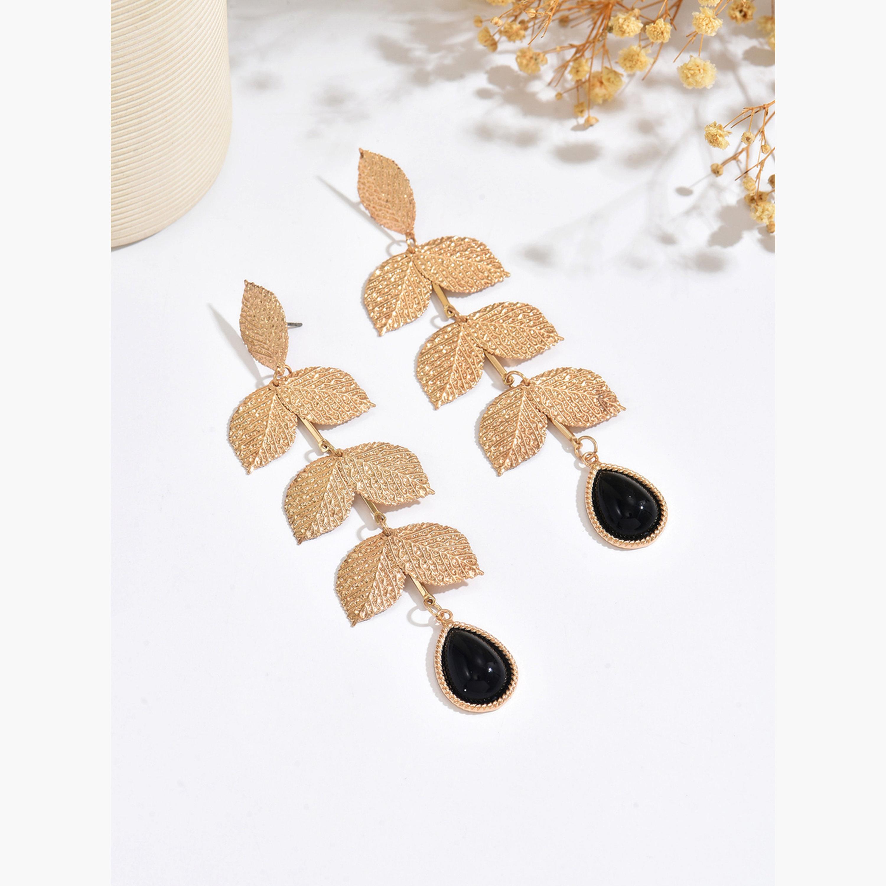 Take Two Women Gold Leaf Dangle Earrings-women-watchesandjewellery-jewellery-earrings-image-1