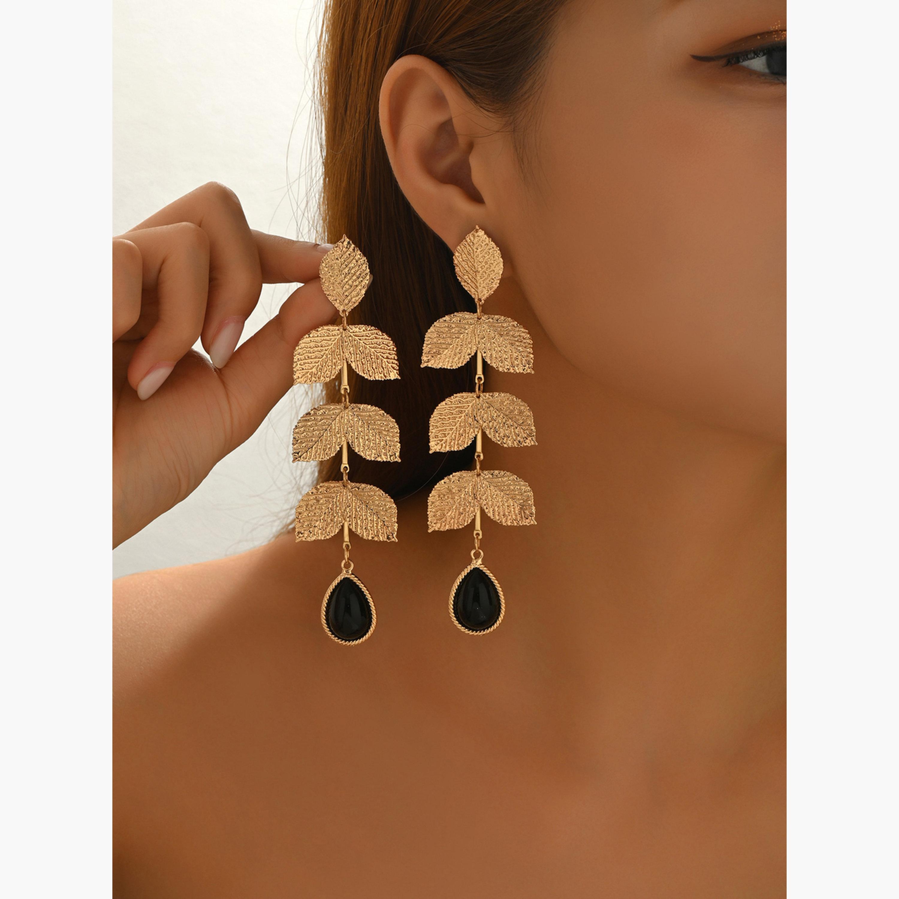 Take Two Women Gold Leaf Dangle Earrings-women-watchesandjewellery-jewellery-earrings-image-2