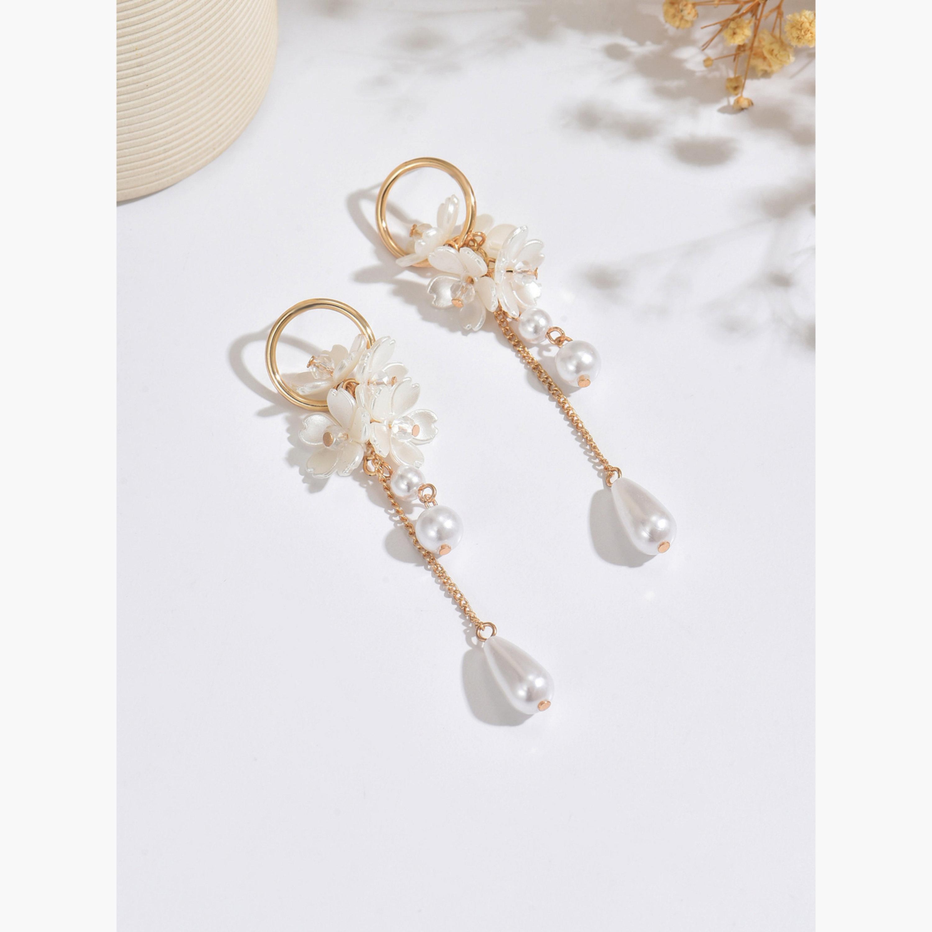 Take Two Women Floral Faux Pearl Dangle Earrings-women-watchesandjewellery-jewellery-earrings-image-3