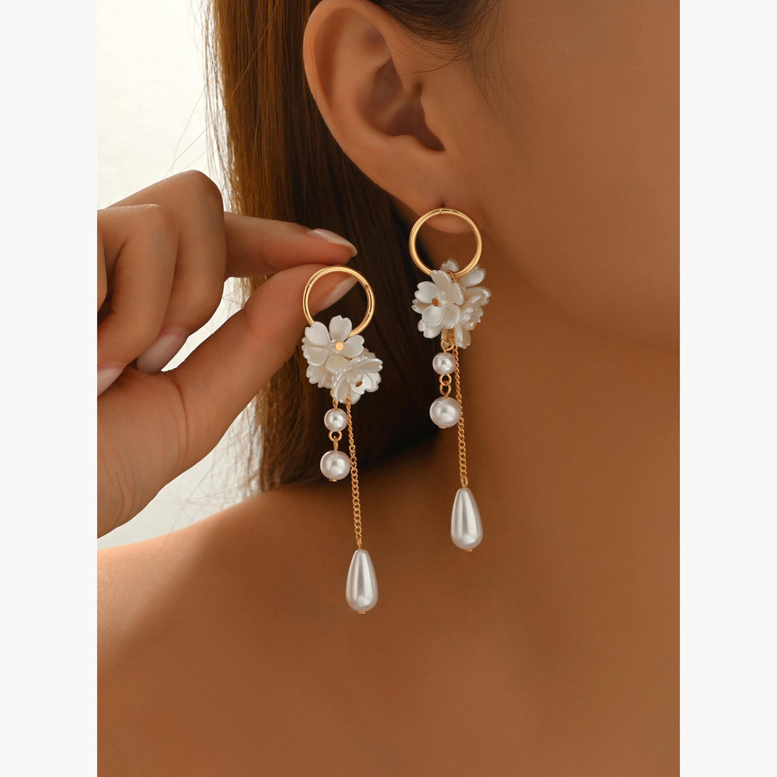 Take Two Women Floral Faux Pearl Dangle Earrings-women-watchesandjewellery-jewellery-earrings-image-4