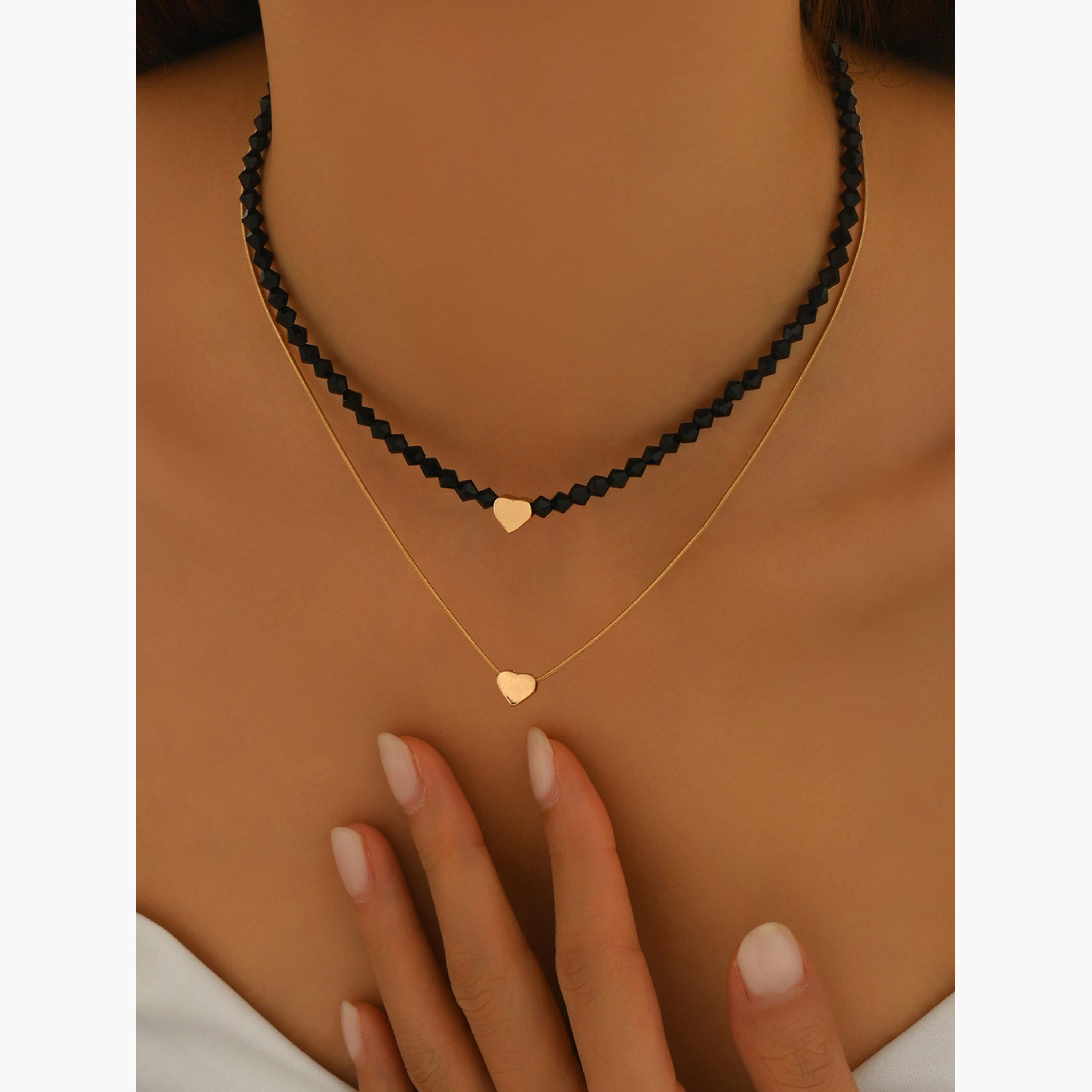 تيك تو - قلادة متعددة الطبقات على شكل قلب ذهبي وخرز أسود-women-watchesandjewellery-jewellery-necklacesandpendants-image-2
