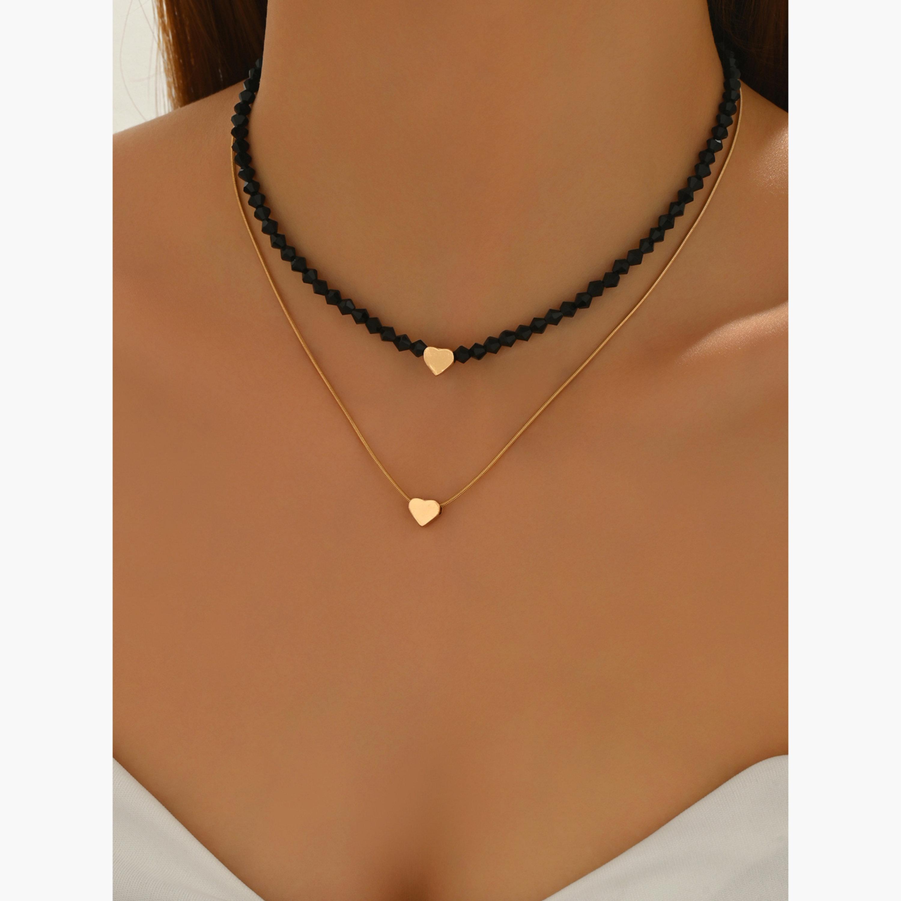 تيك تو - قلادة متعددة الطبقات على شكل قلب ذهبي وخرز أسود-women-watchesandjewellery-jewellery-necklacesandpendants-image-3