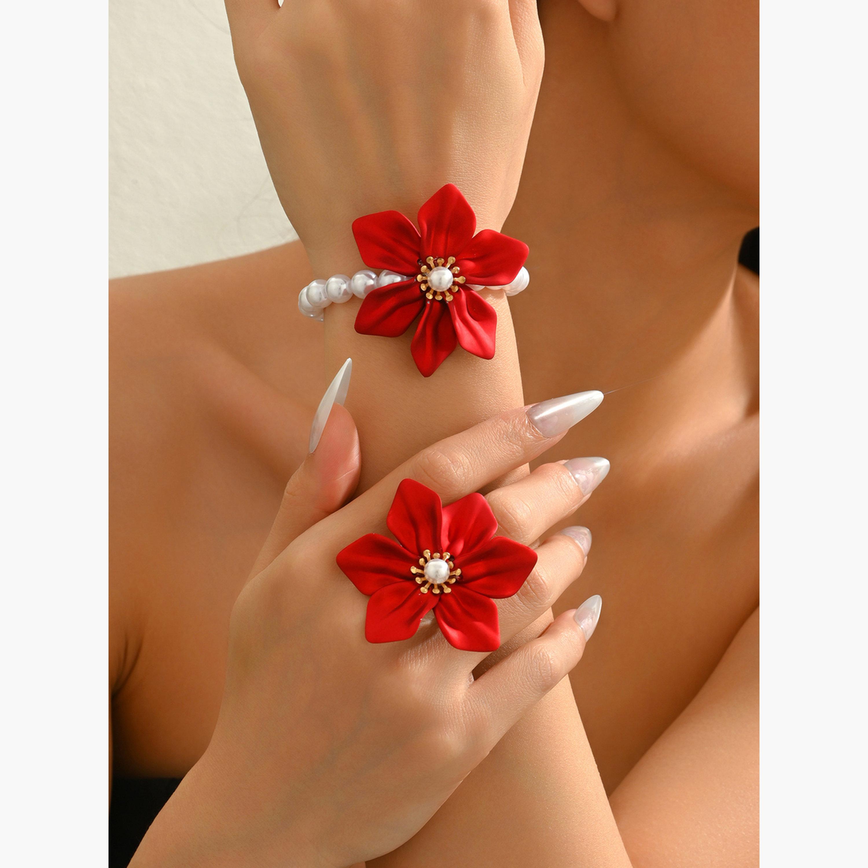 تيك تو - طقم خاتم وأسورة على شكل زهرة حمراء-women-watchesandjewellery-jewellery-jewellerysets-image-3