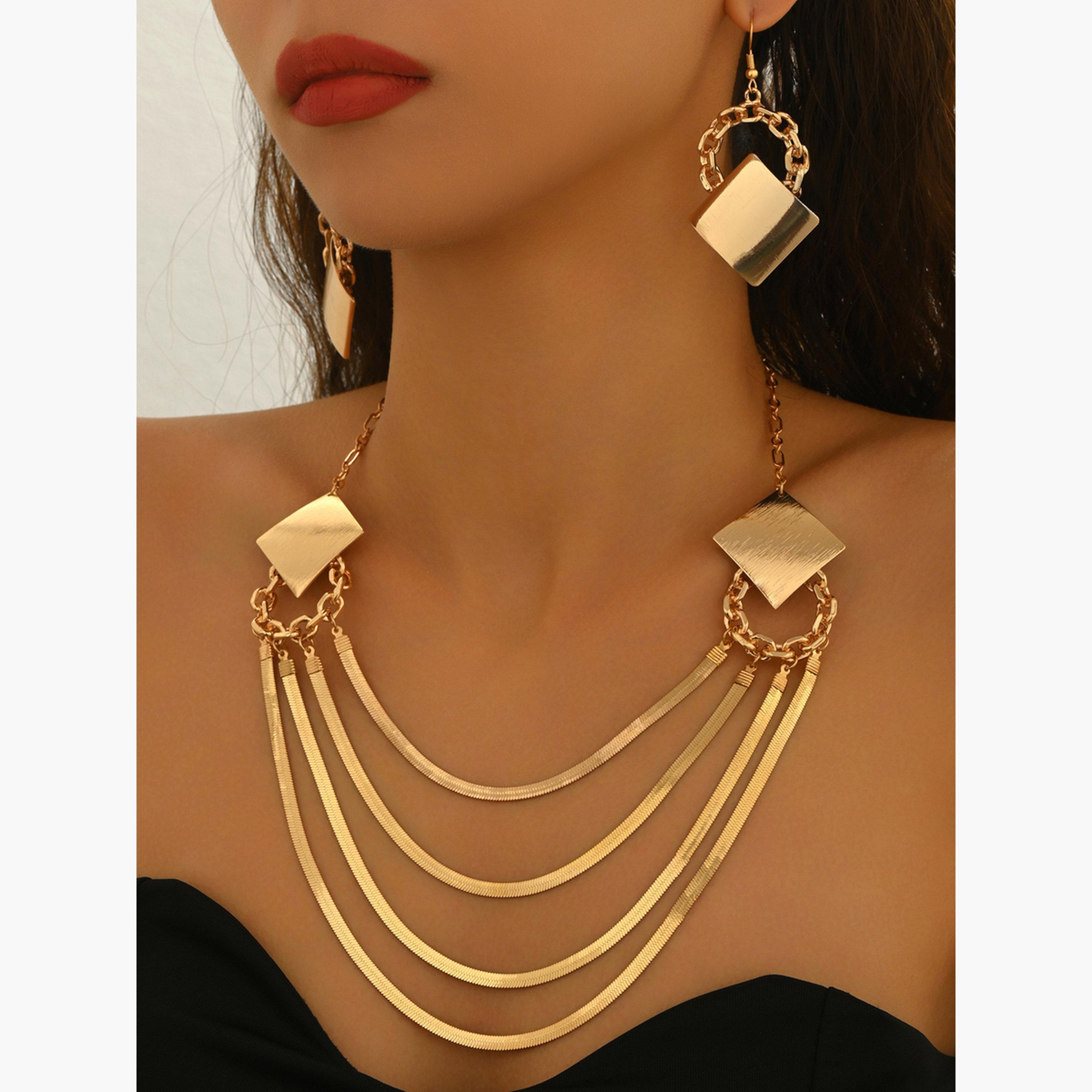تيك تو - طقم قلادة وأقراط هندسية متعددة الطبقات من الذهب-women-watchesandjewellery-jewellery-jewellerysets-image-2