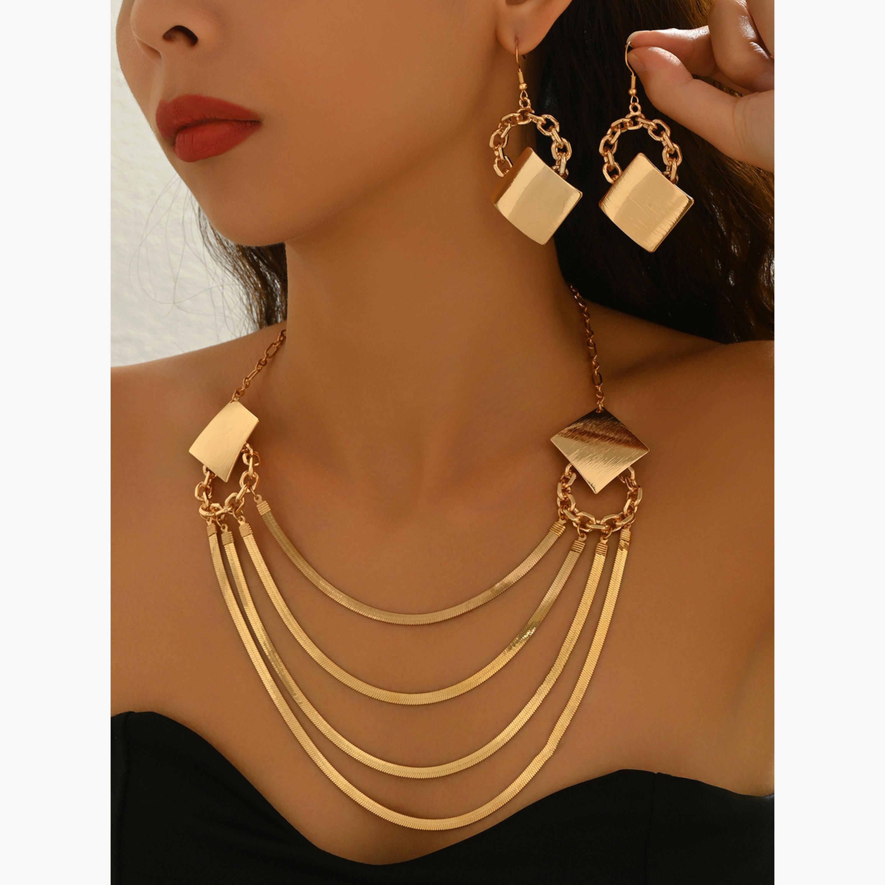 Take Two Gold Geometric Layered Necklace and Earrings Set-women-watchesandjewellery-jewellery-jewellerysets-image-3