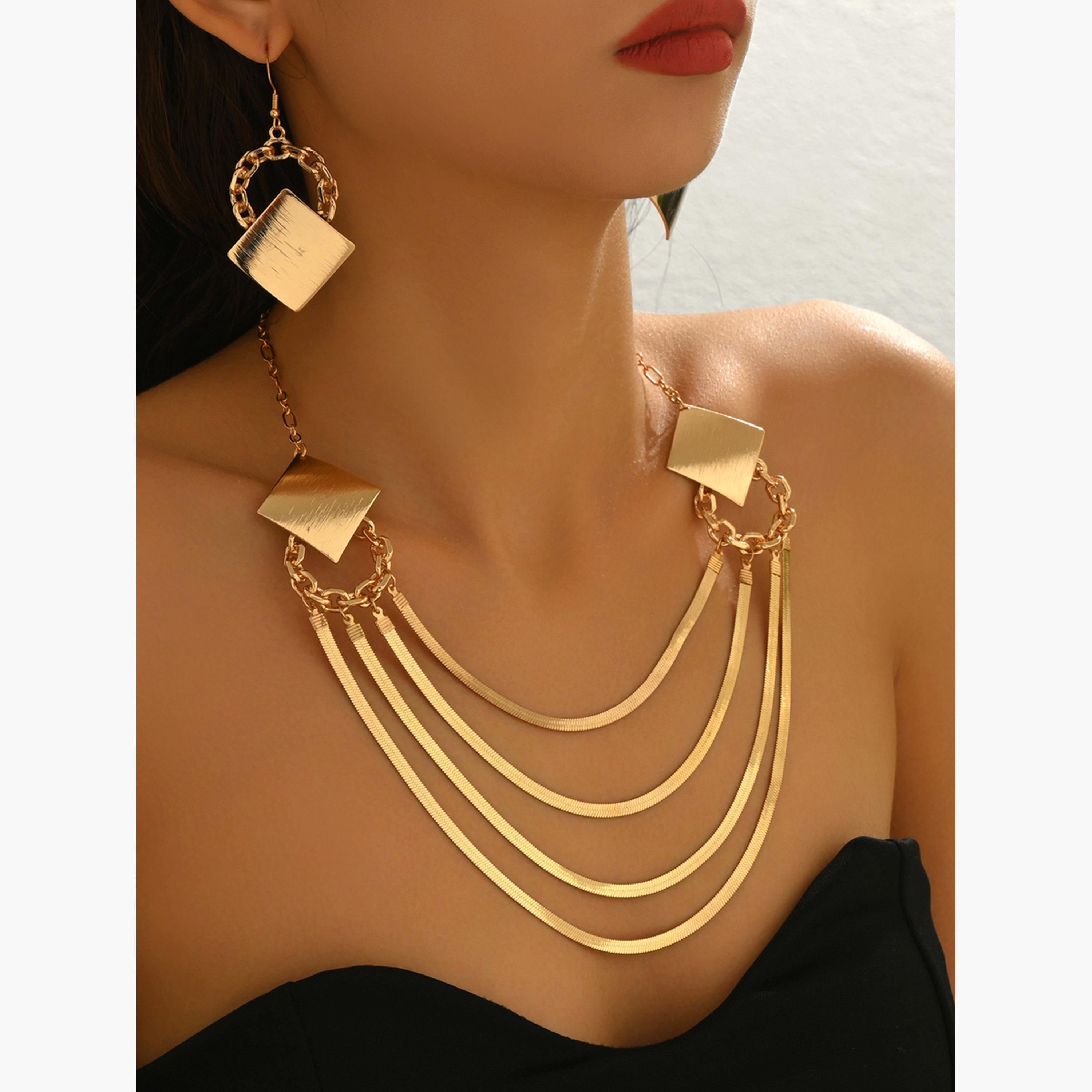تيك تو - طقم قلادة وأقراط هندسية متعددة الطبقات من الذهب-women-watchesandjewellery-jewellery-jewellerysets-image-4